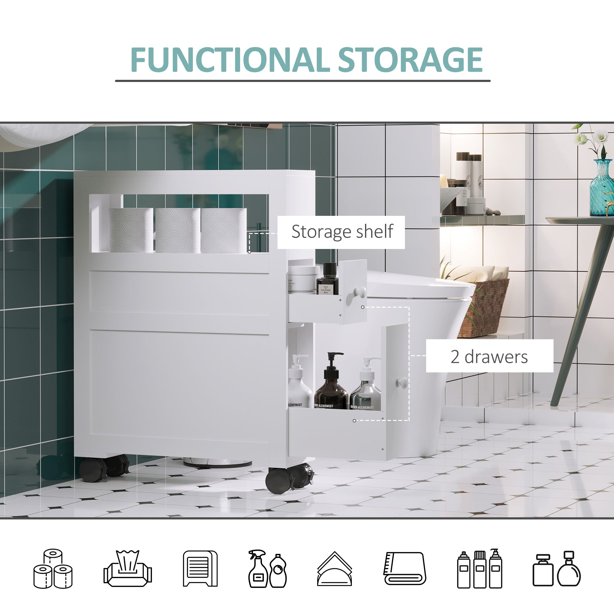 Wooden Rolling Narrow Bathroom Storage Side Cabinet w/ Slide-Out Shelf, White - HOMCOM