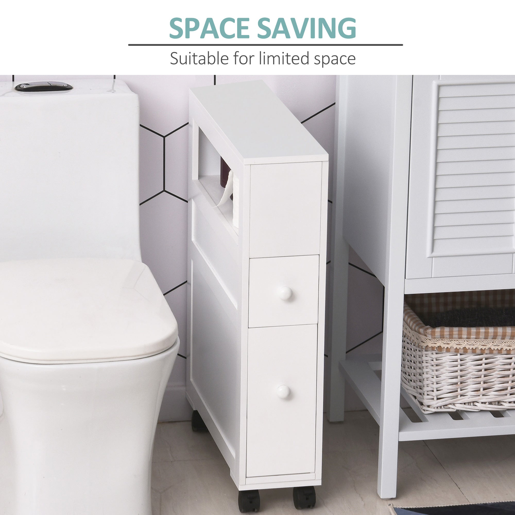 Wooden Rolling Narrow Bathroom Storage Side Cabinet w/ Slide-Out Shelf, White - HOMCOM