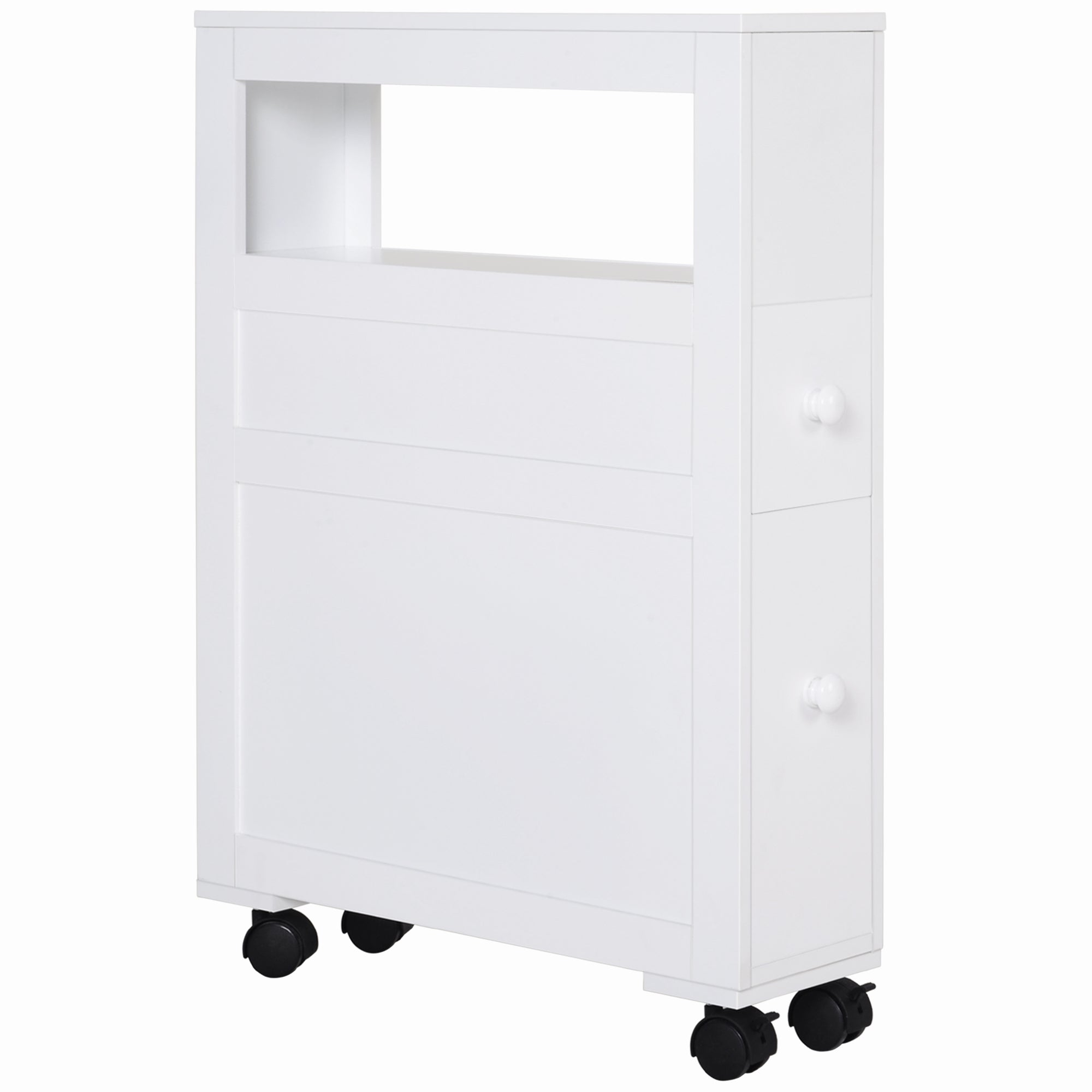 Wooden Rolling Narrow Bathroom Storage Side Cabinet w/ Slide-Out Shelf, White