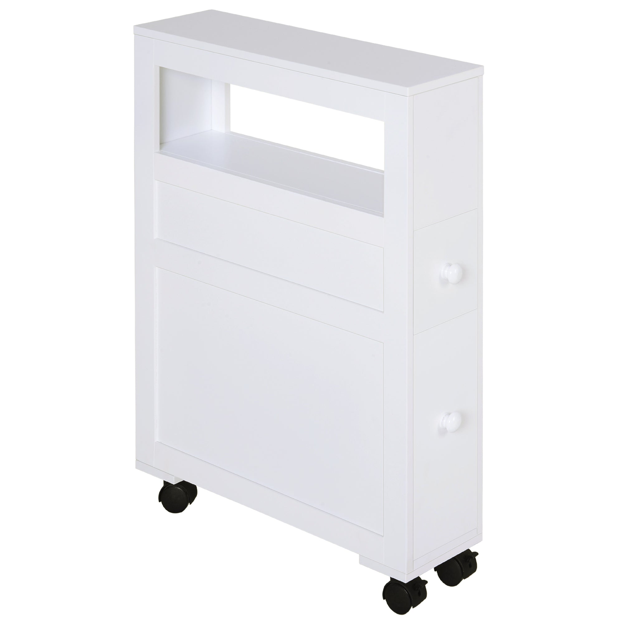 Wooden Rolling Narrow Bathroom Storage Side Cabinet w/ Slide-Out Shelf, White