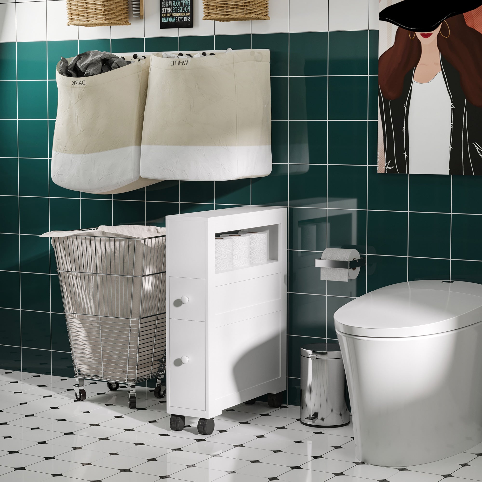 Wooden Rolling Narrow Bathroom Storage Side Cabinet w/ Slide-Out Shelf, White - HOMCOM