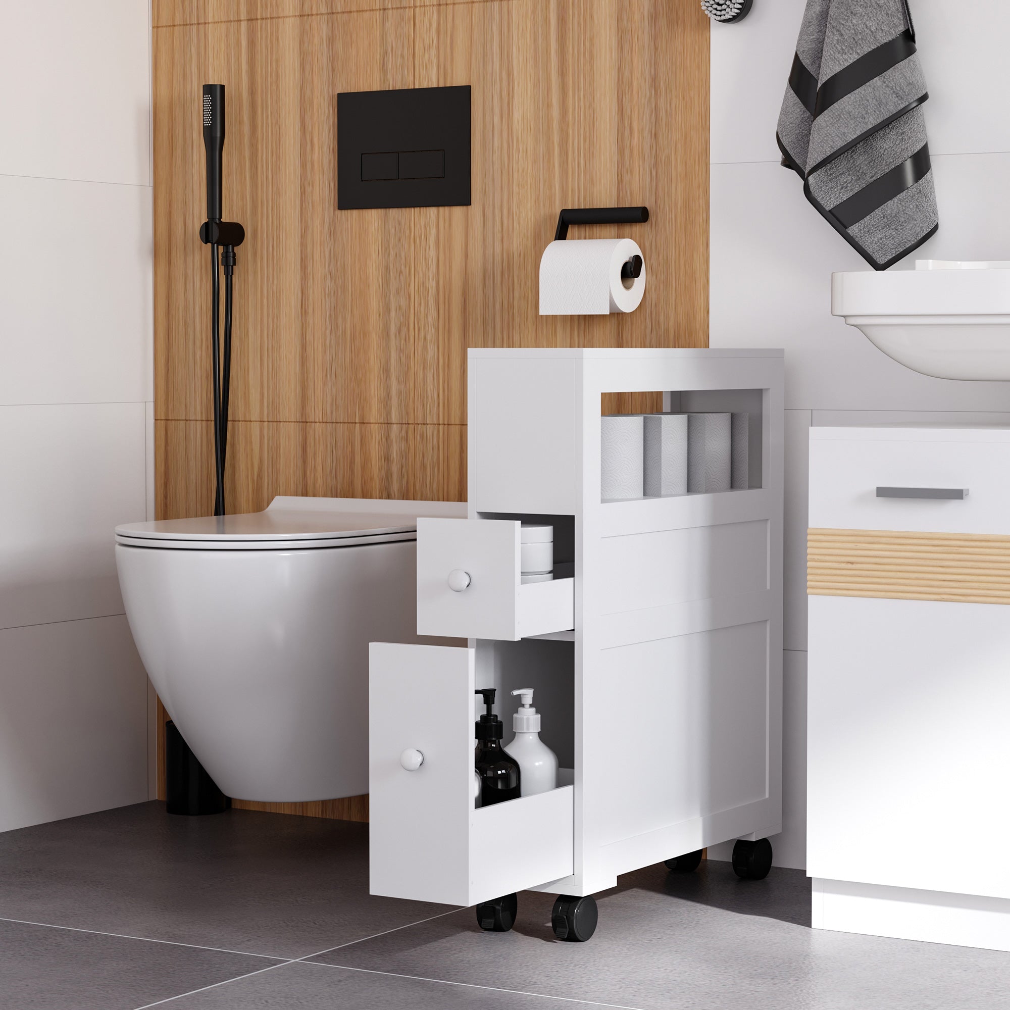 Wooden Rolling Narrow Bathroom Storage Side Cabinet w/ Slide-Out Shelf, White - HOMCOM