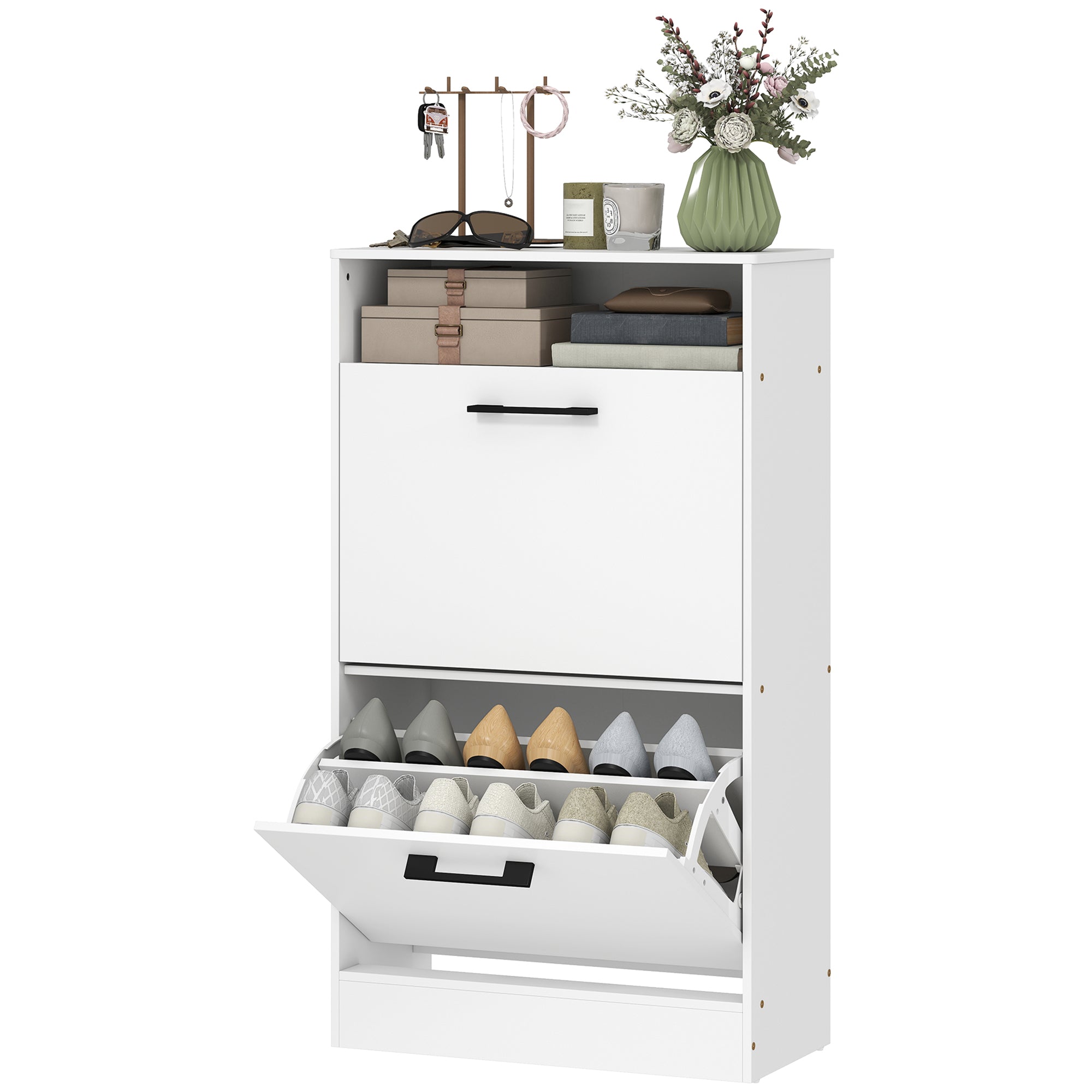 Shoe Cabinet with 2 Flip Drawers and Open Shelf, Narrow Shoe Storage Cabinet with Adjustable Dividers, Entryway Shoe Storage Unit for up to 12 Pairs for Hallway, White
