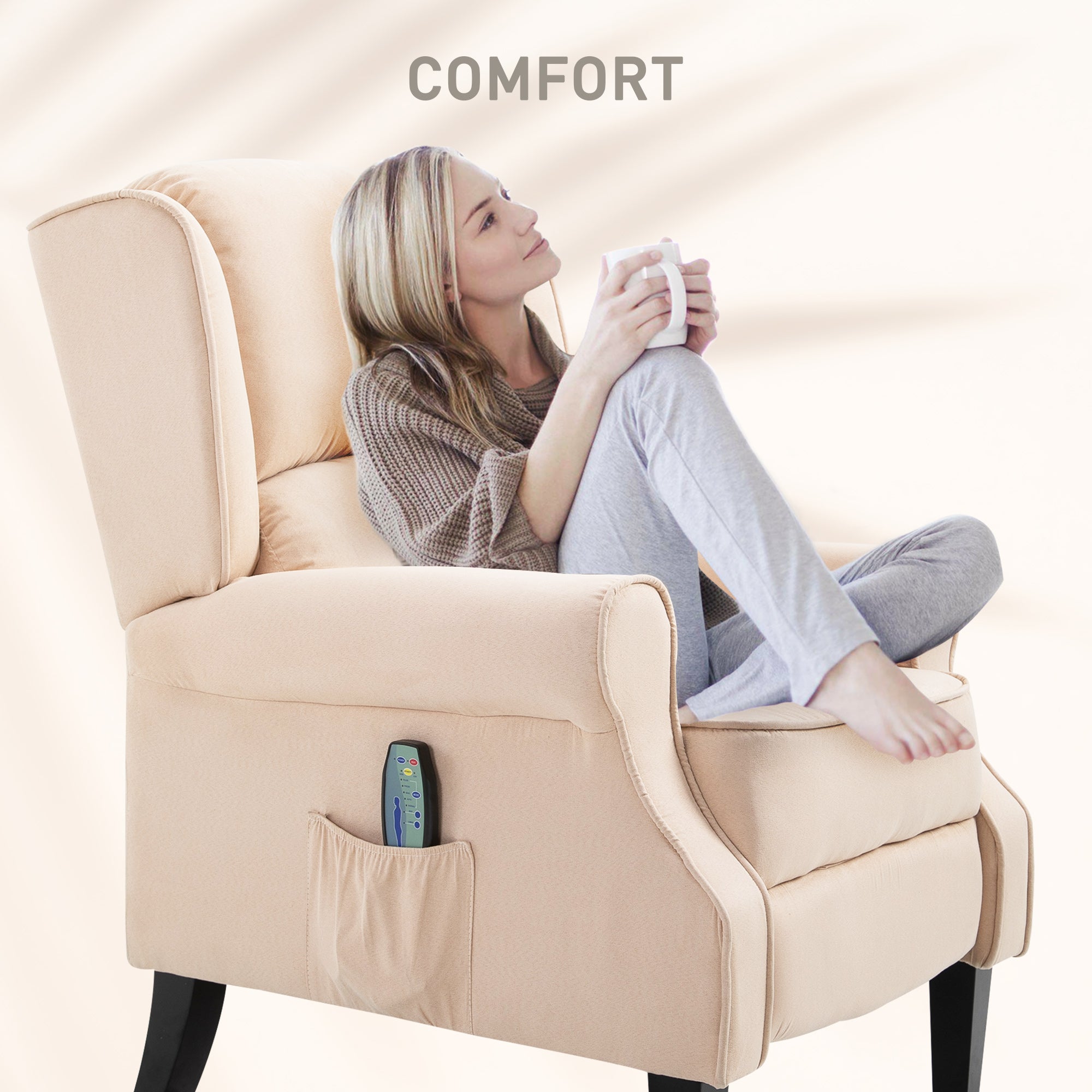 Wingback Recliner Chair with Vibration Massage, Footrest and Heat Function, Cream White
