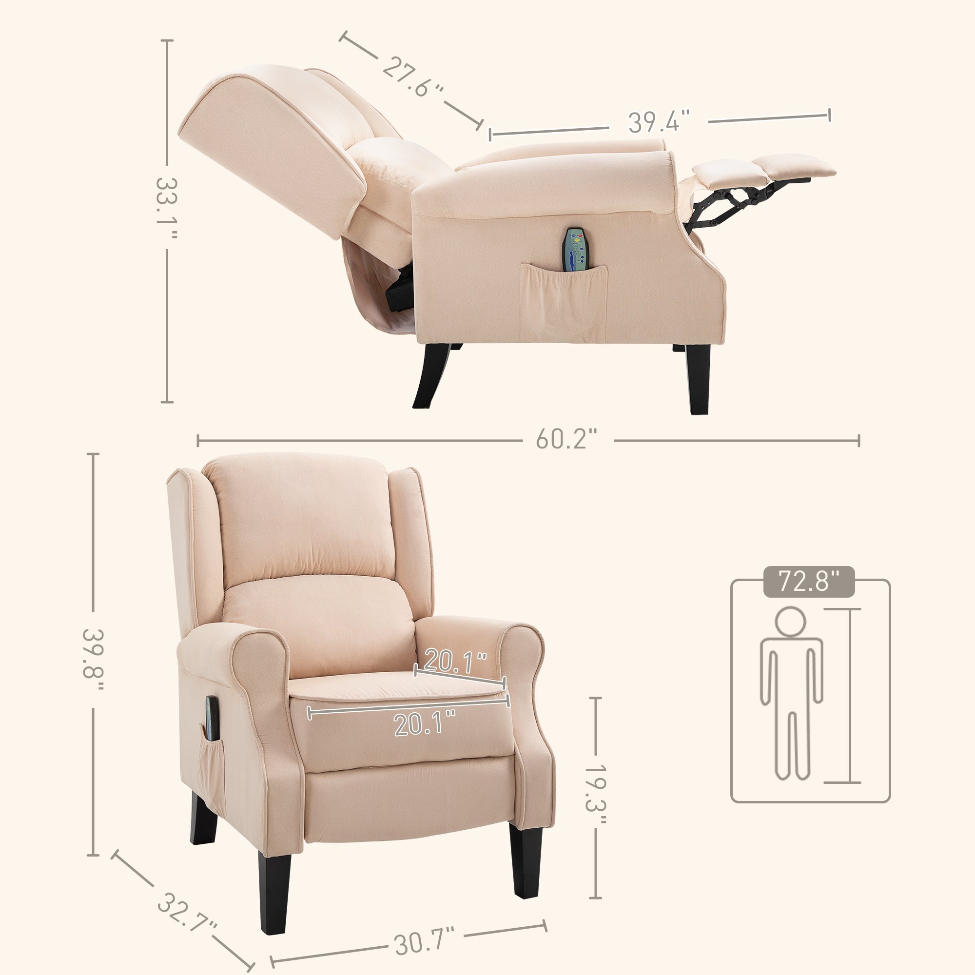 Wingback Recliner Chair with Vibration Massage, Footrest and Heat Function, Cream White
