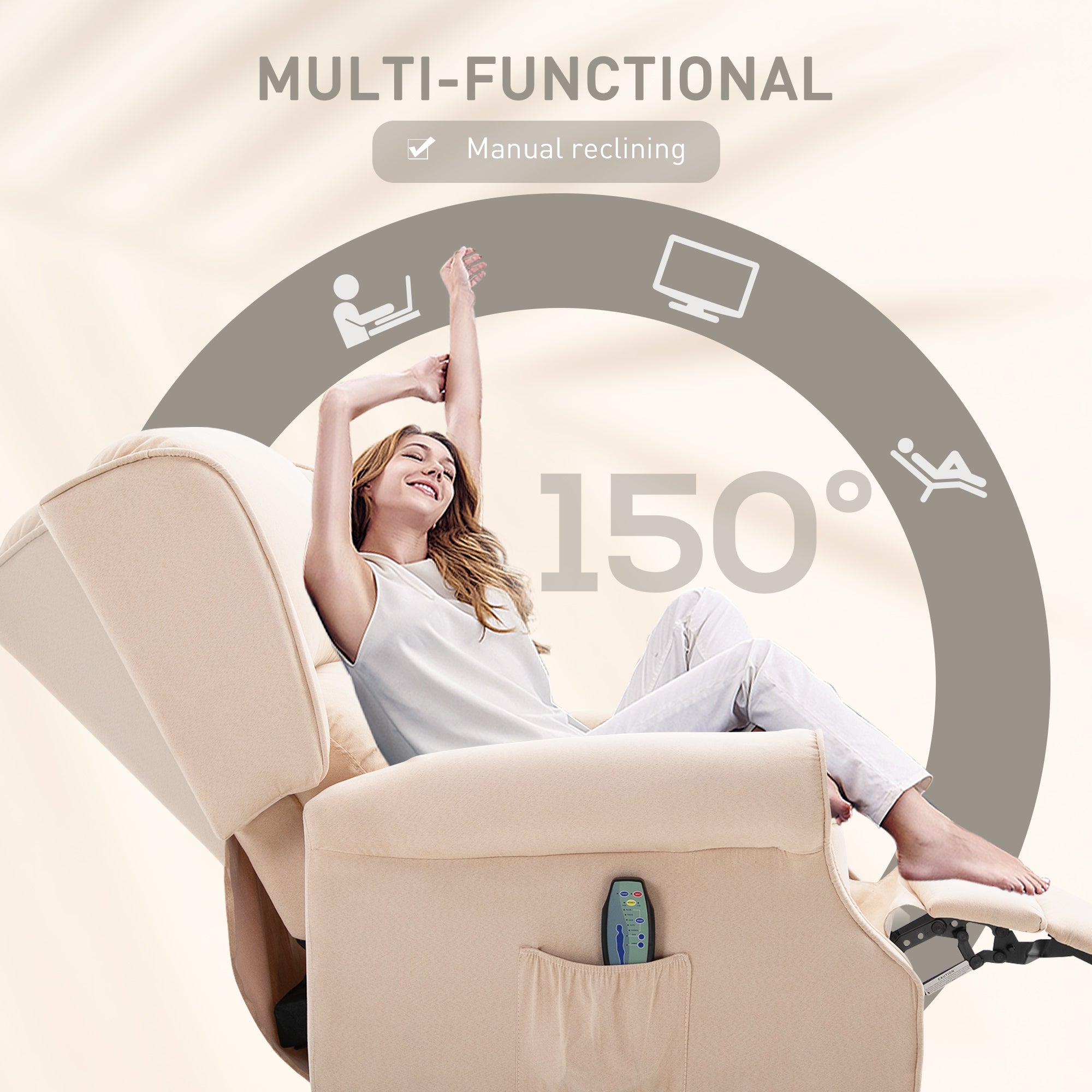Wingback Recliner Chair with Vibration Massage, Footrest and Heat Function, Cream White