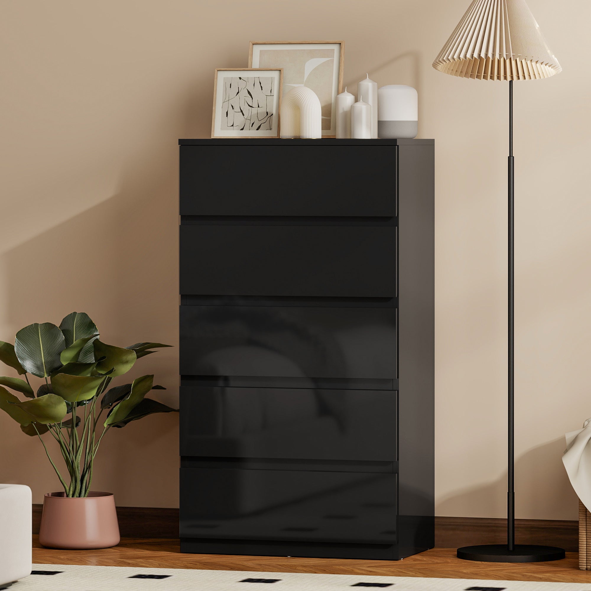 Chest of Drawers, 5 Drawers Storage Cabinet Floor Tower Cupboard for Bedroom Living Room, High Gloss Black
