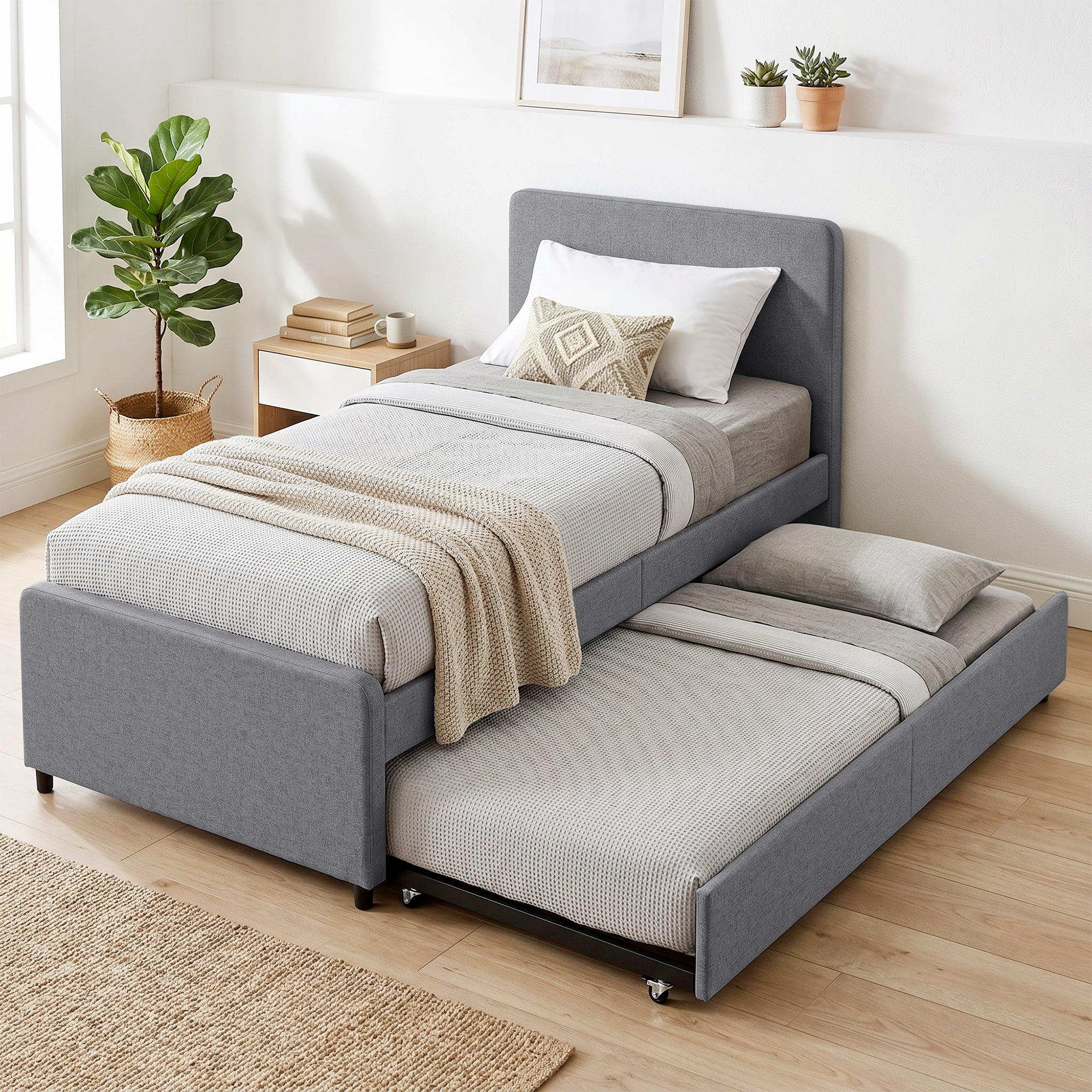 3ft Single Bed Frame with Trundle, Upholstered Pull Out Trundle Bed with Headboard and Footboard for Adults & Teenagers, 90 x 190 cm, No Mattress, Dark Grey