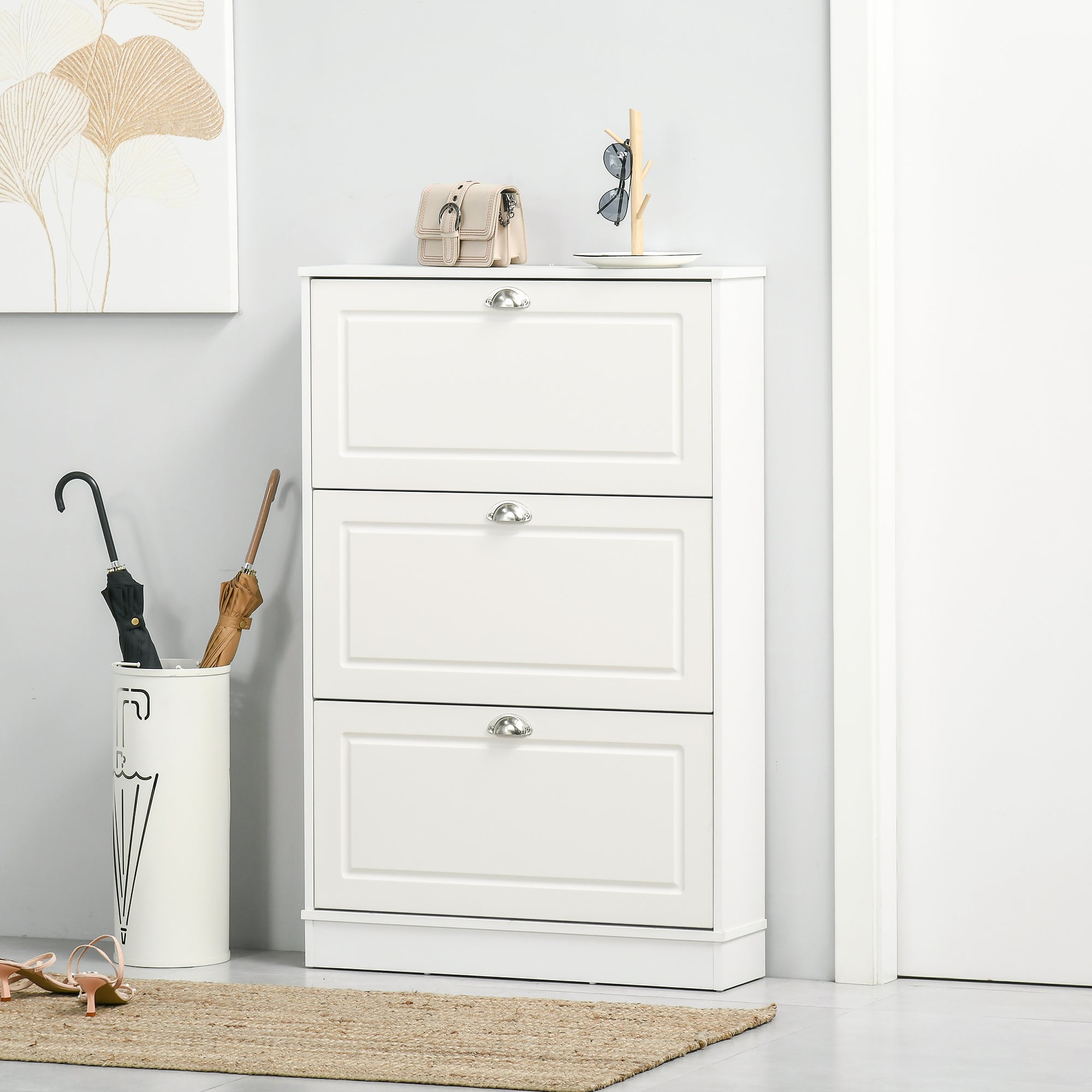 Shoe Cabinet with 3 Flip Drawers, Modern Narrow Shoe Storage Cabinet with Countertop, Entryway Shoe Storage Unit for 12 Pairs of Shoes for Hallway, White