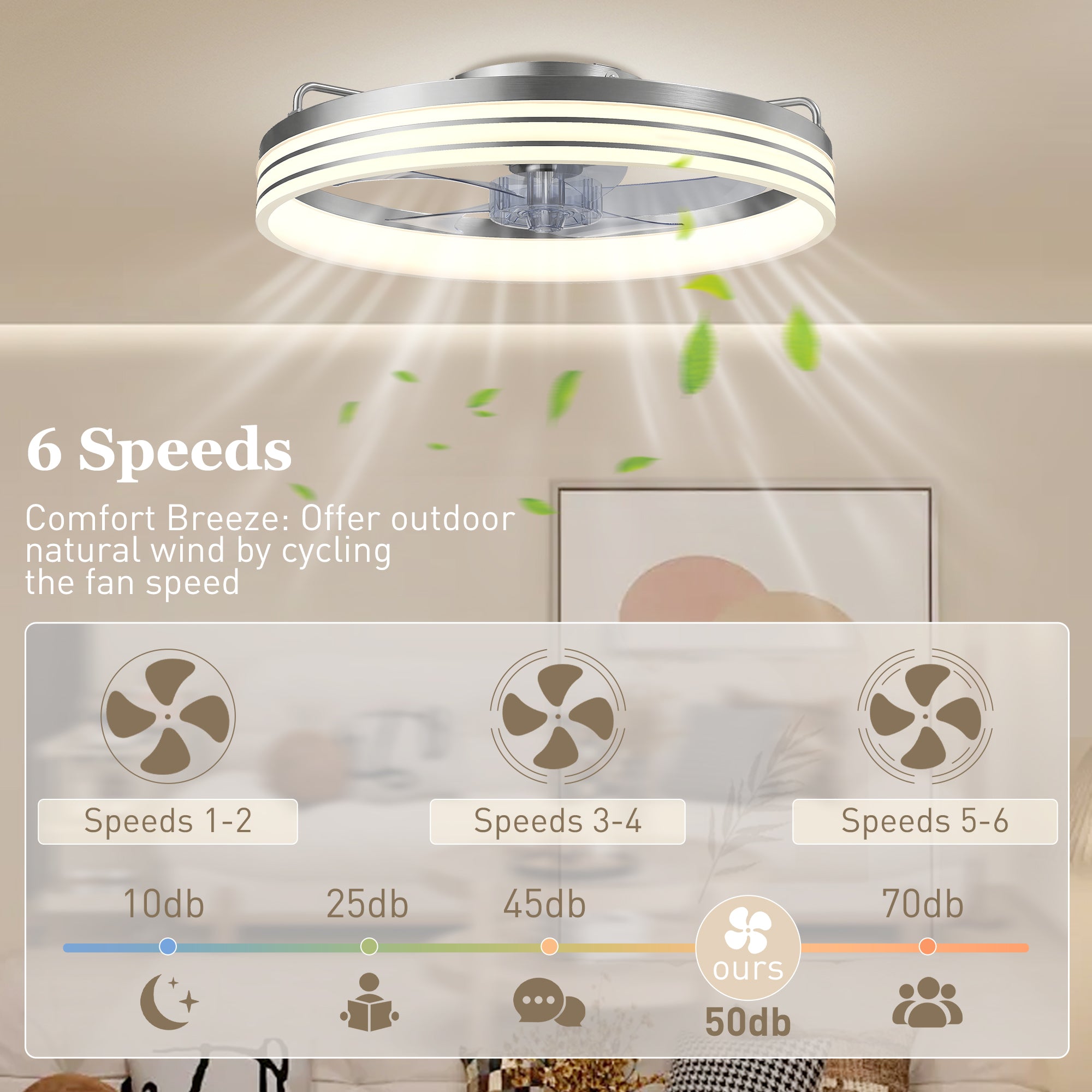 Ceiling Fans with Lights and Remote & App Control, 50 cm Modern LED Ceiling Fan Light with 3 Colour Temperatures, 6 Speed, Timer, Dimmable, Quiet Reversible DC Motor, for Bedroom, Silver Tone