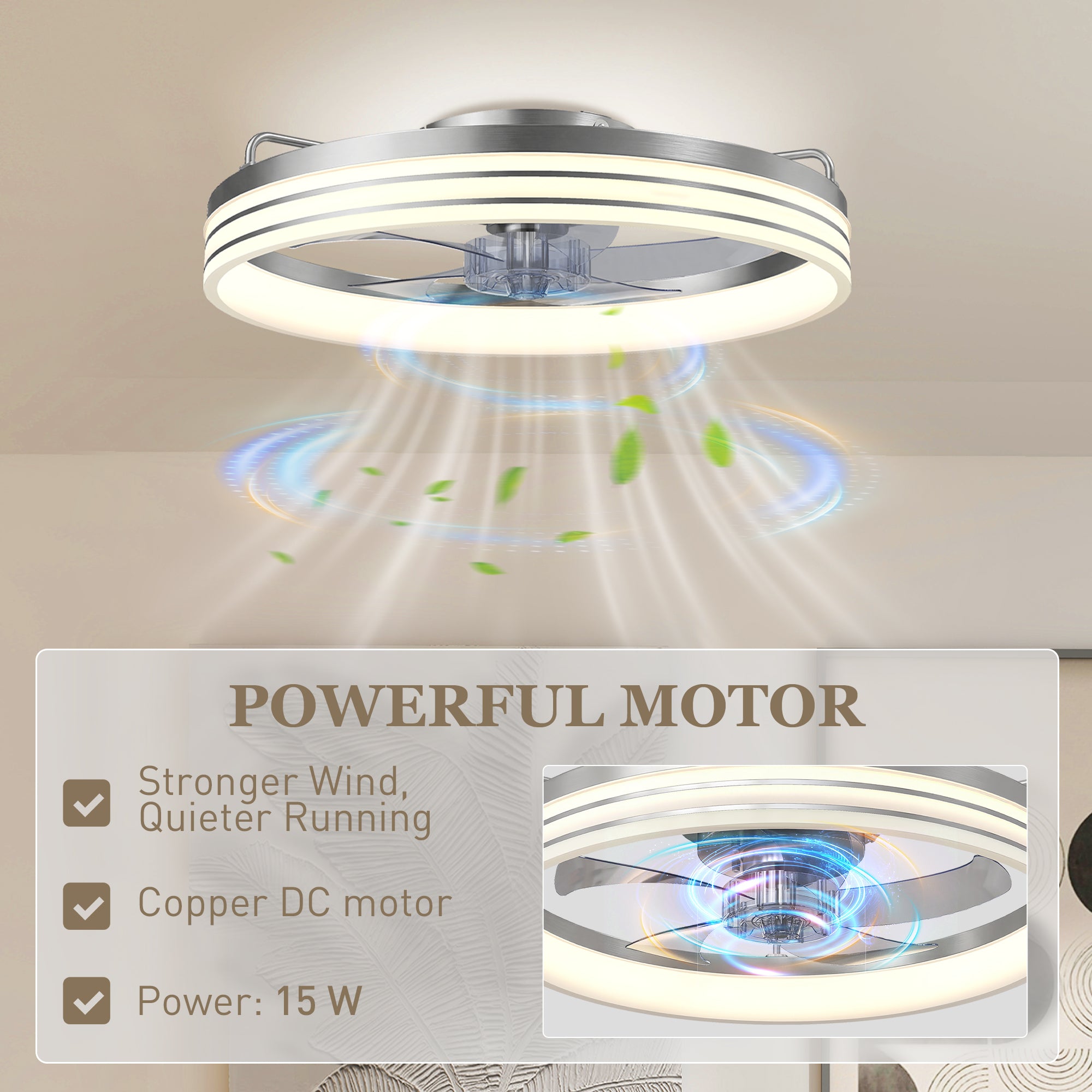 Ceiling Fans with Lights and Remote & App Control, 50 cm Modern LED Ceiling Fan Light with 3 Colour Temperatures, 6 Speed, Timer, Dimmable, Quiet Reversible DC Motor, for Bedroom, Silver Tone
