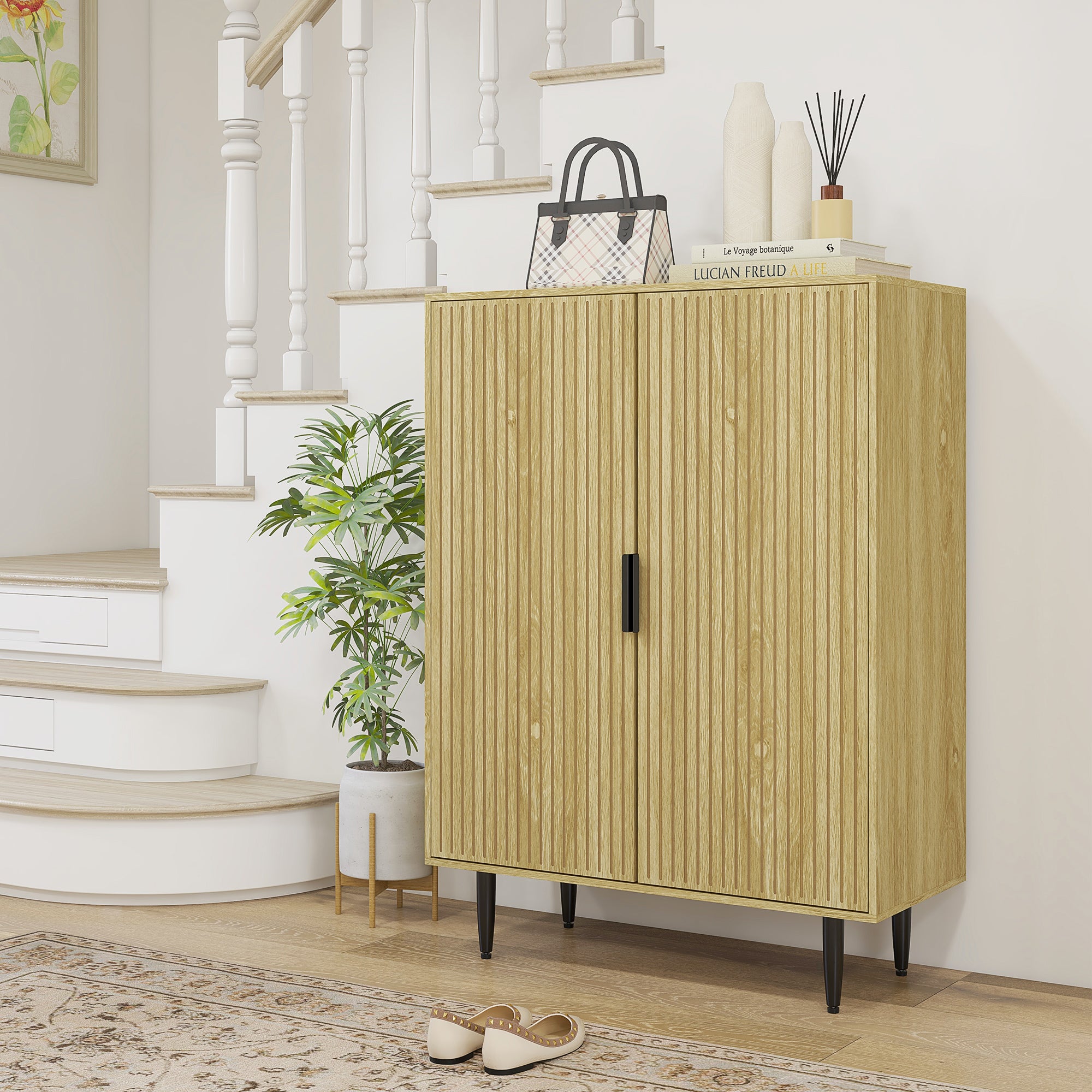 HOMCOM Shoe Storage Cabinet, 5-Tier Entryway Cabinet with Adjustable Shelves and Metal Legs, Freestanding Shoe Rack Cabinet for 15 Pairs of Shoes for Hallway, Oak