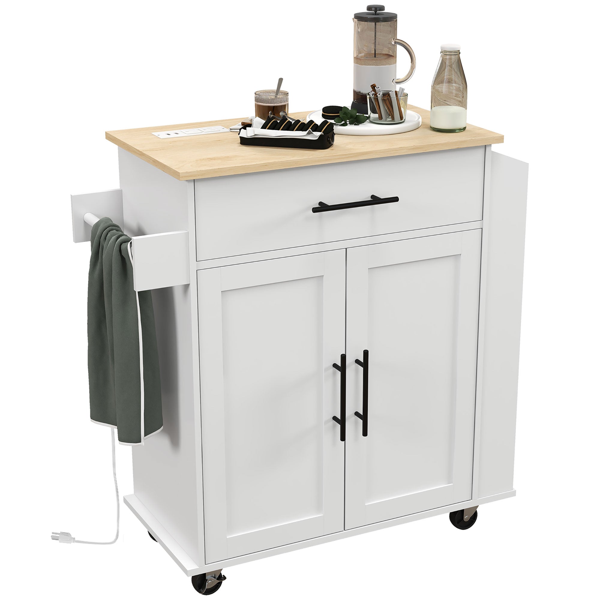 HOMCOM Kitchen Island on Wheels with Power Outlet, Rolling Kitchen Cart with Storage Drawer, Portable Microwave Stand with Cabinet, Towel Rack and Spice Rack (White)