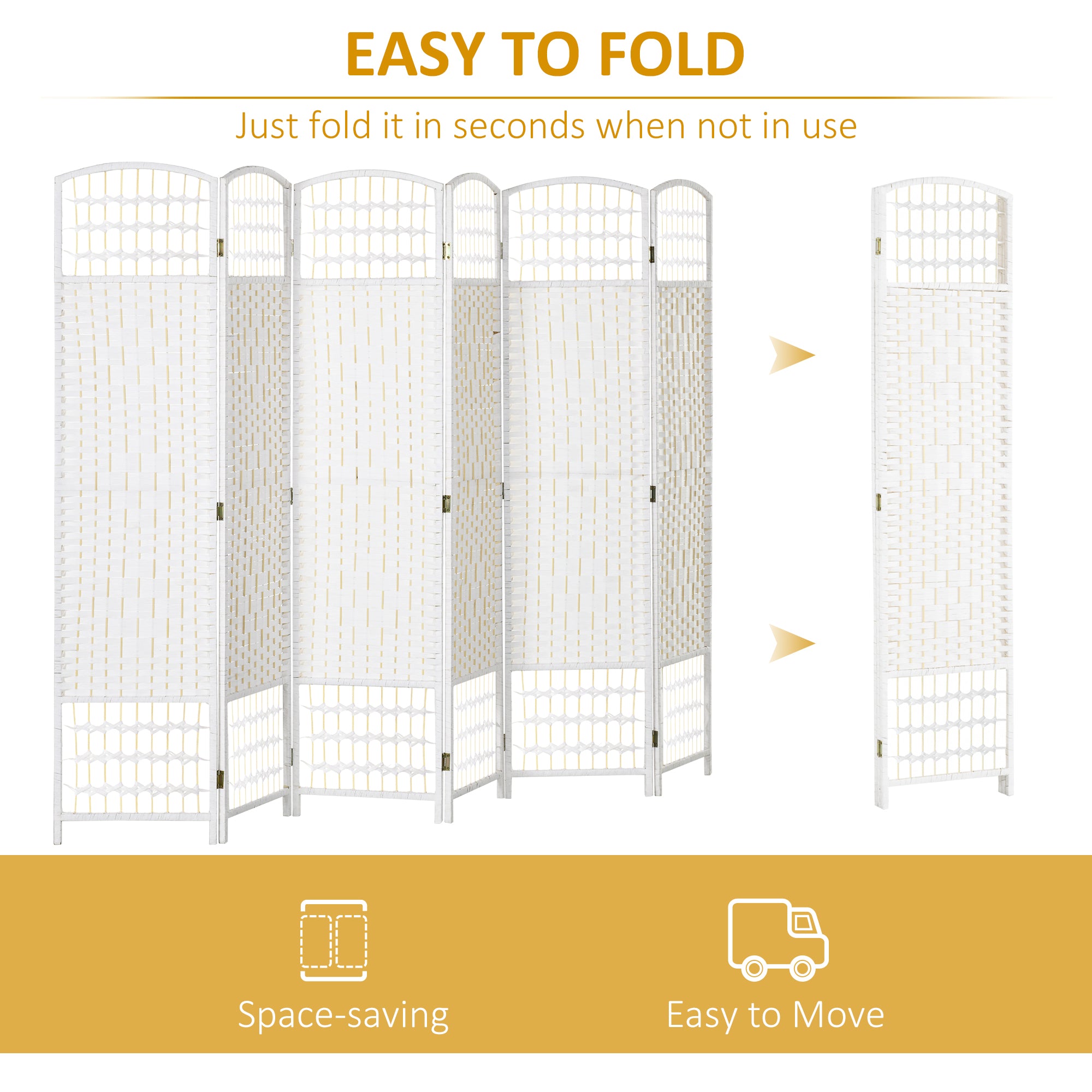 6 Panel Folding Room Divider, Portable Privacy Screen, Wave Fiber, White - HOMCOM