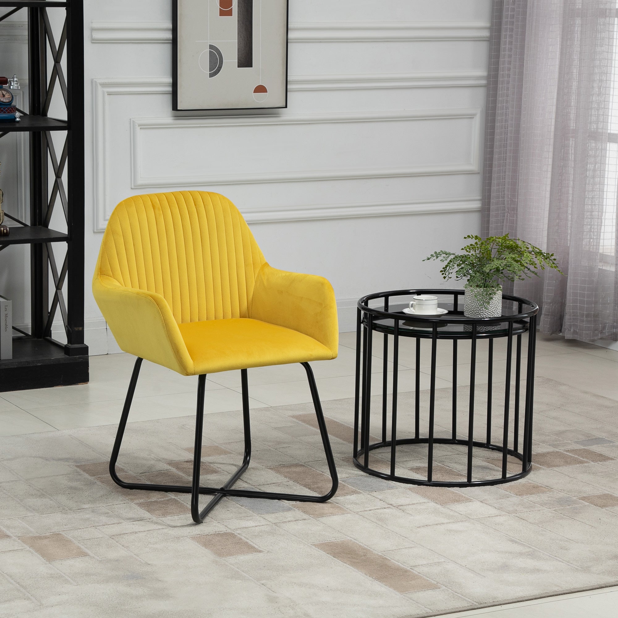 HOMCOM Modern Accent Chair, Velvet-Feel Fabric Upholstered Armchair with Metal Base for Living Room, Yellow