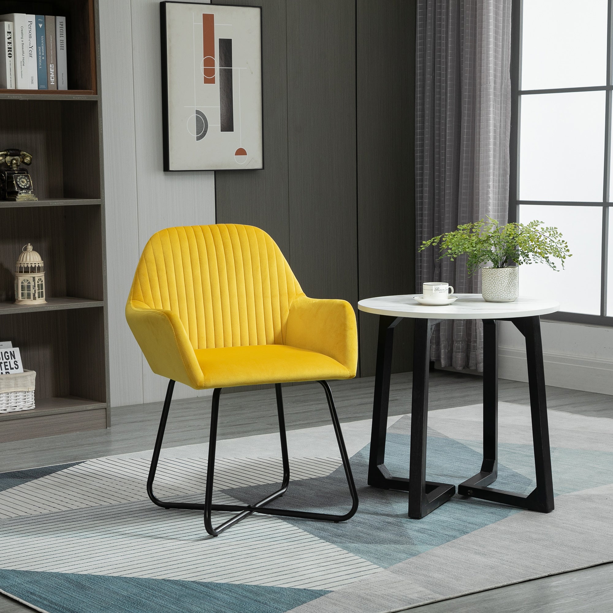 HOMCOM Modern Accent Chair, Velvet-Feel Fabric Upholstered Armchair with Metal Base for Living Room, Yellow