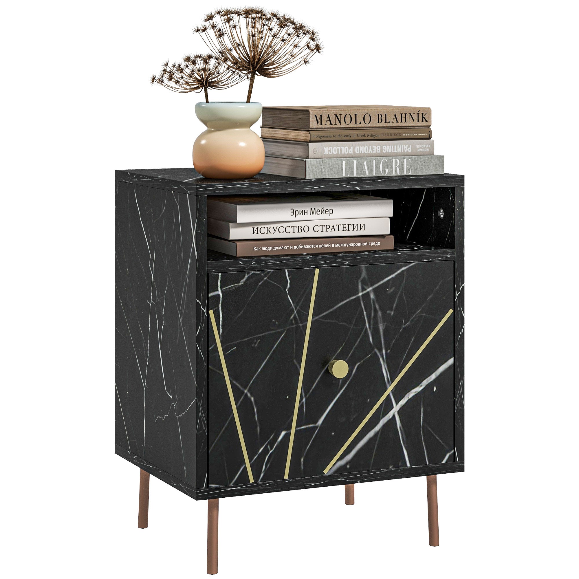 HOMCOM Marble Effect Bedside Table, Modern Side Table with Drawer, Open Shelf and Gold Tone Metal Legs for Bedroom, Living Room, Black