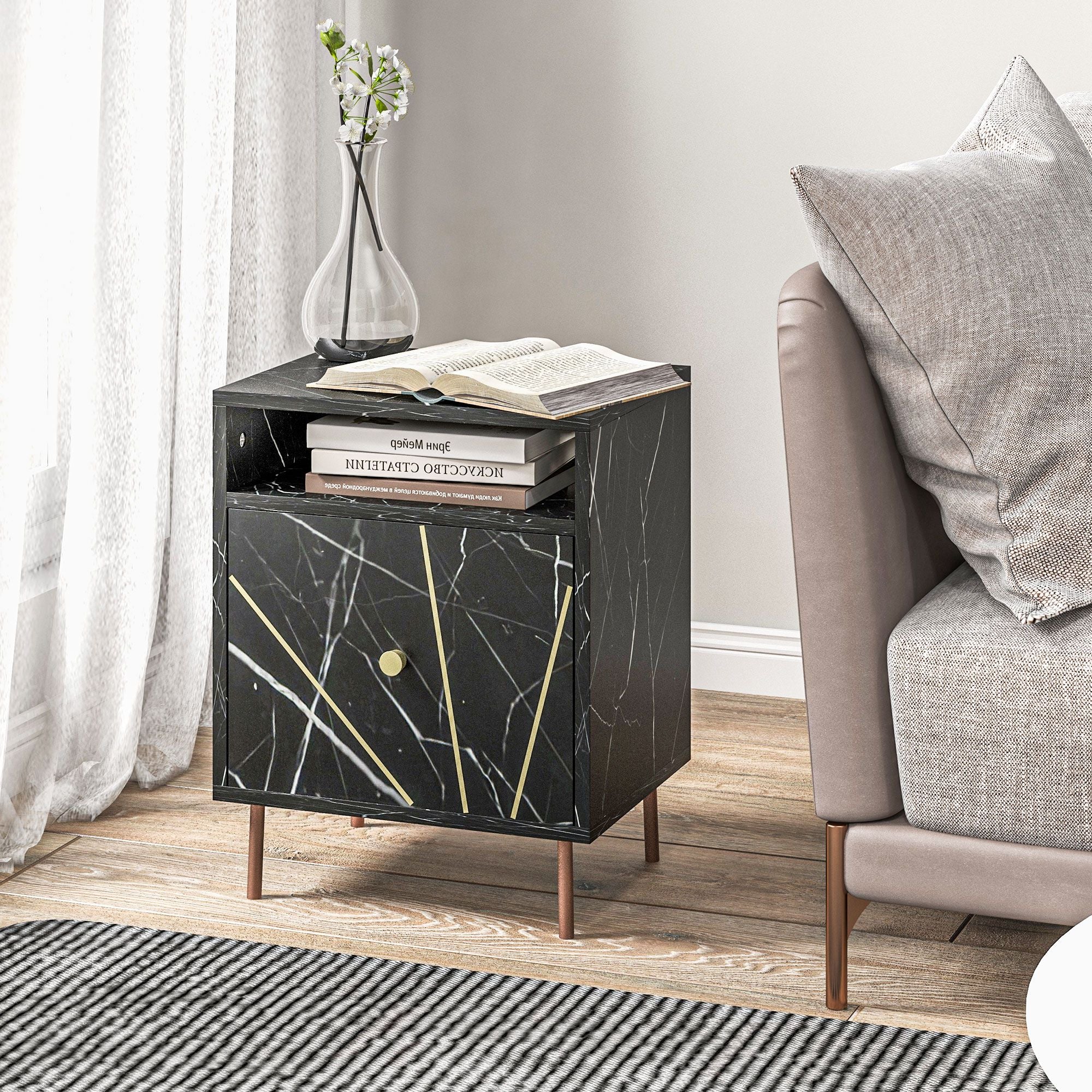 HOMCOM Marble Effect Bedside Table, Modern Side Table with Drawer, Open Shelf and Gold Tone Metal Legs for Bedroom, Living Room, Black