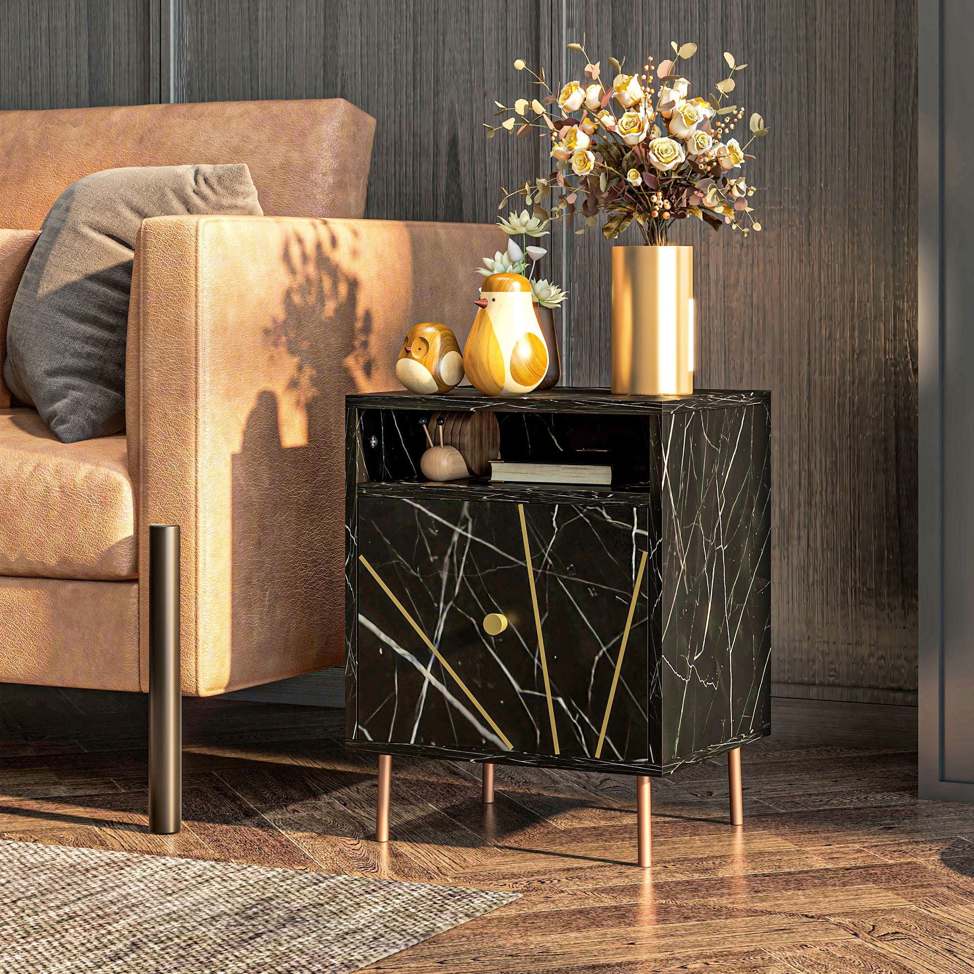 HOMCOM Marble Effect Bedside Table, Modern Side Table with Drawer, Open Shelf and Gold Tone Metal Legs for Bedroom, Living Room, Black