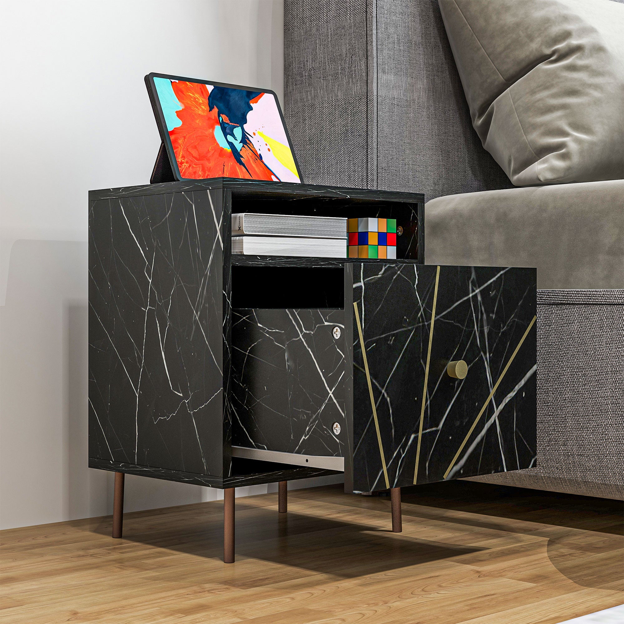 HOMCOM Marble Effect Bedside Table, Modern Side Table with Drawer, Open Shelf and Gold Tone Metal Legs for Bedroom, Living Room, Black