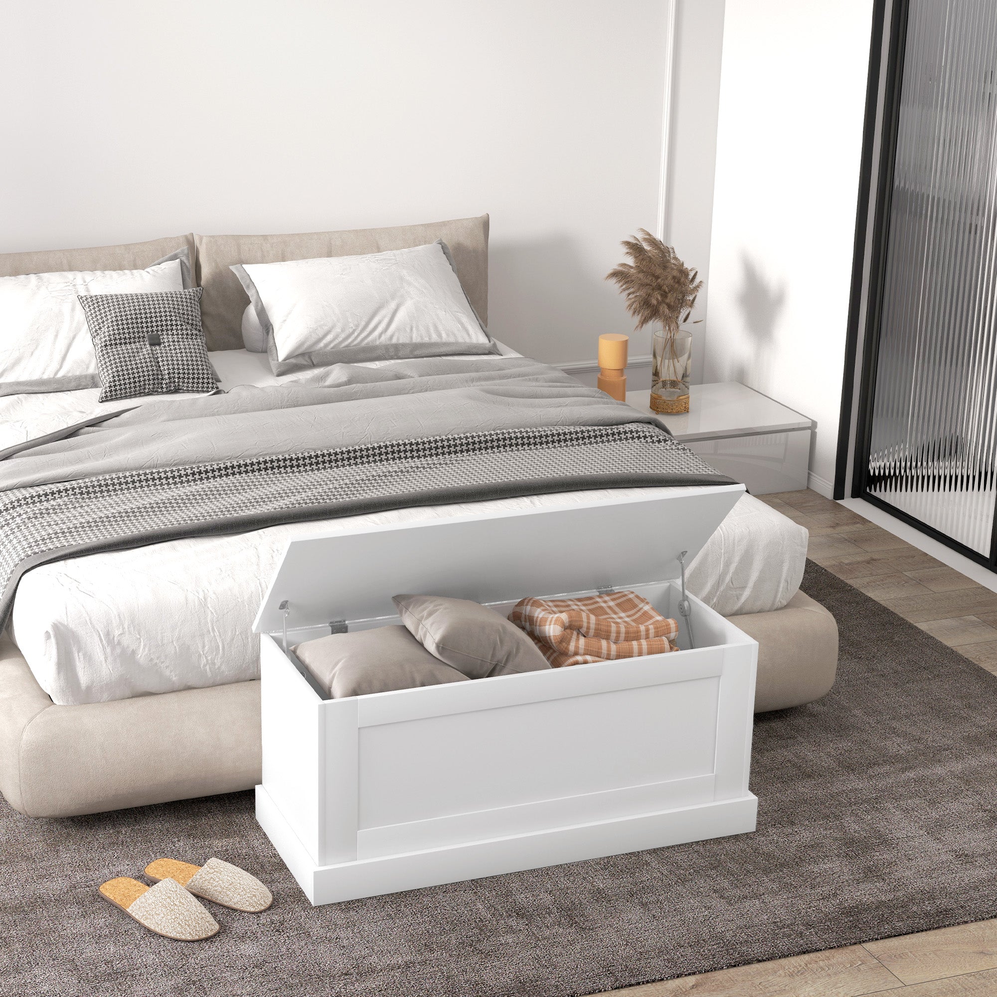 HOMCOM Storage Chest, Storage Trunk with Safety Hinge, Wooden Box for Living Room, Entryway, 39.4" x 15.7" x 17.7", White Wood Grain