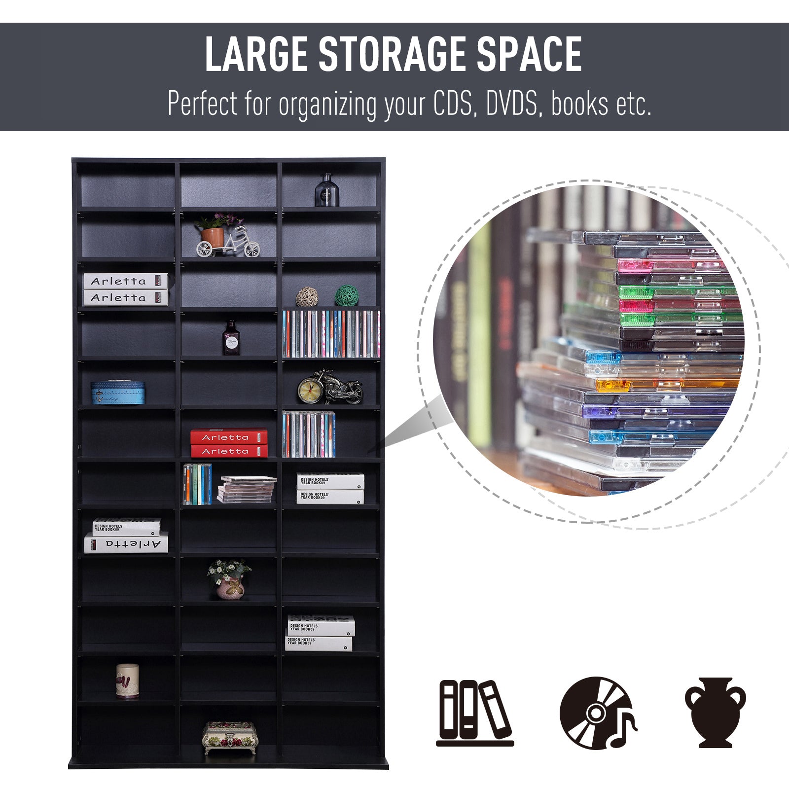 1116 CD/ 528 DVD Storage Unit, Media Storage Shelf, Wooden Display Unit with Adjustable Shelves, 102 x 195 cm, Black