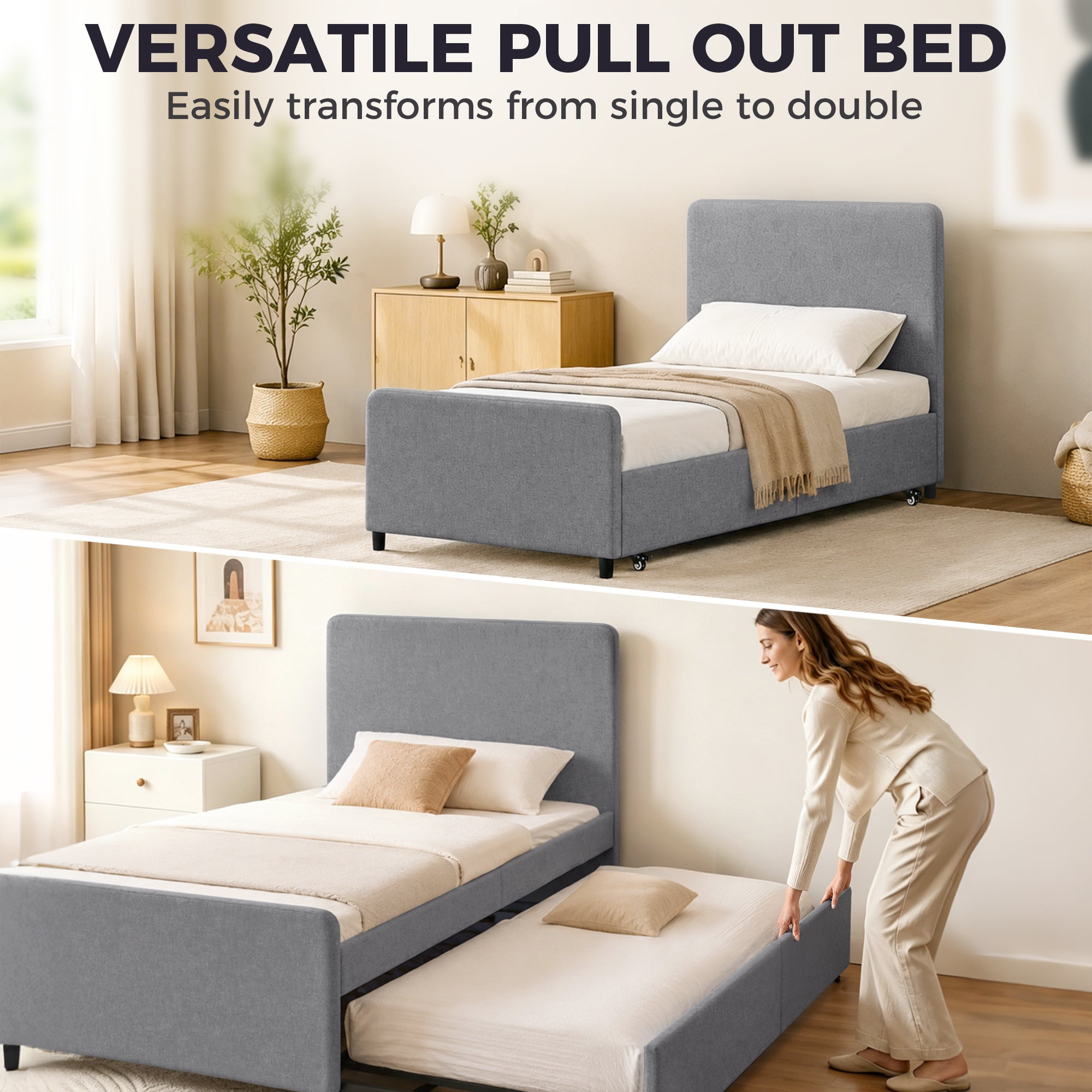 3ft Single Bed Frame with Trundle, Upholstered Pull Out Trundle Bed with Headboard and Footboard for Adults & Teenagers, 90 x 190 cm, No Mattress, Dark Grey