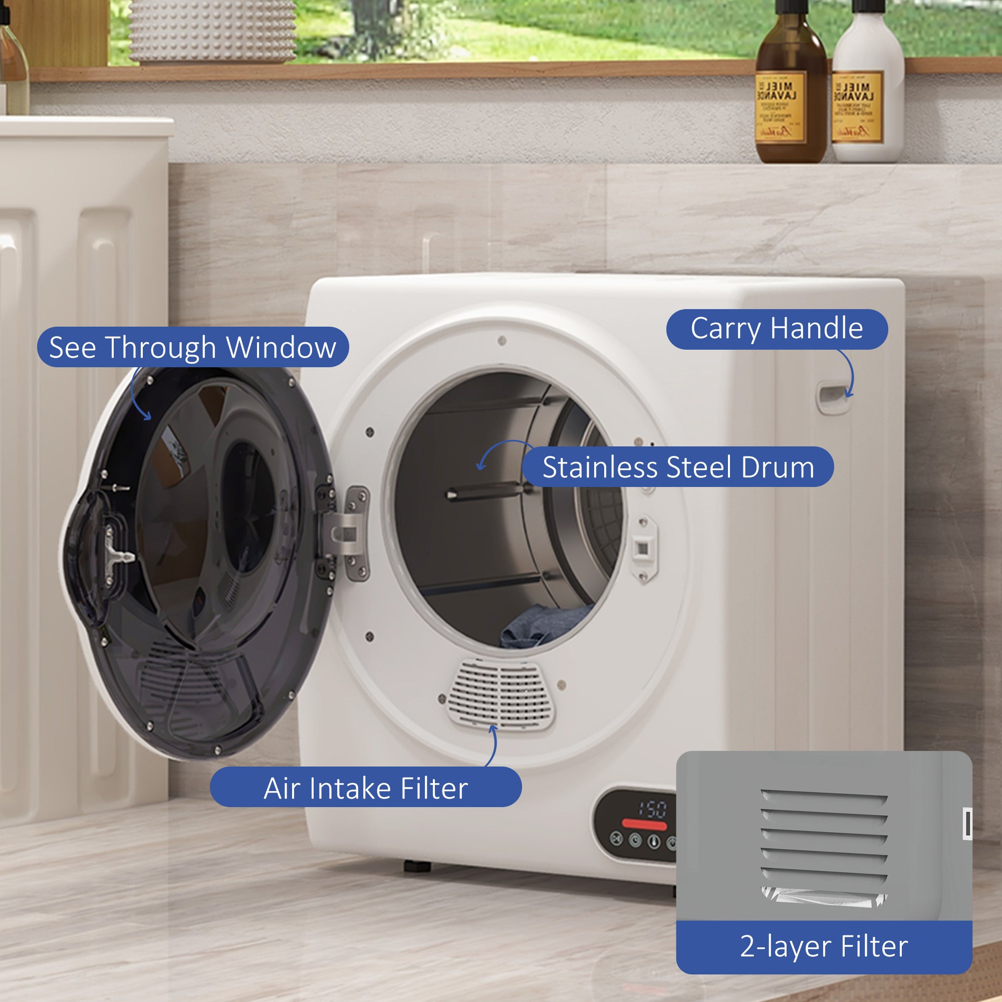 1.5 cu.ft Portable Compact Clothes Laundry Dryer w/ Intelligent Drying, 850W, White