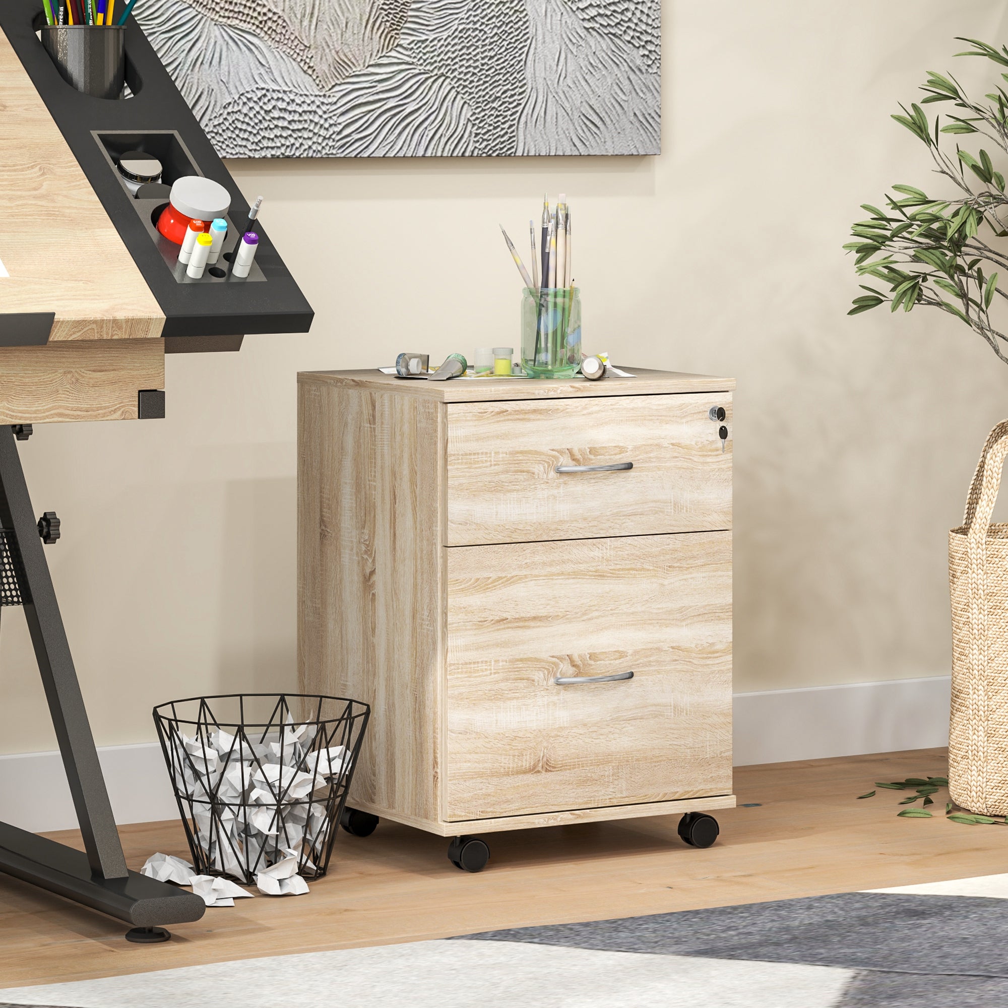 HOMCOM 2 Drawer Lockable Filing Cabinet with Wheels, Mobile Filing Cabinet for Home Office, Small Printer Stand, Oak Wood Grain