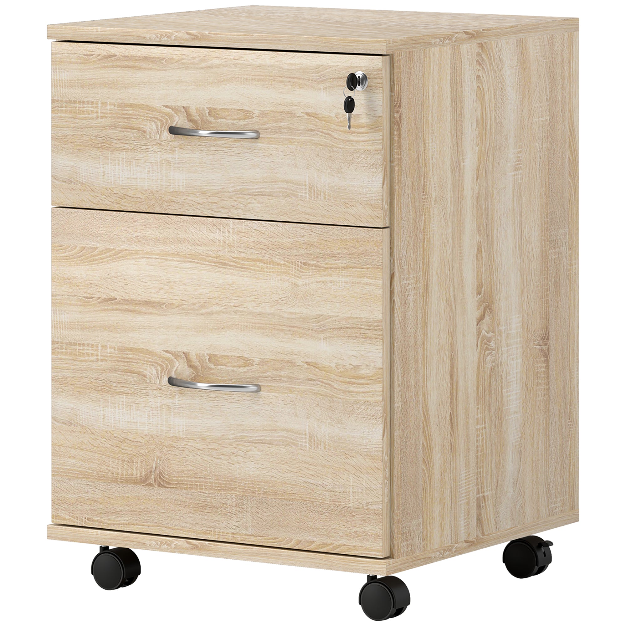HOMCOM 2 Drawer Lockable Filing Cabinet with Wheels, Mobile Filing Cabinet for Home Office, Small Printer Stand, Oak Wood Grain