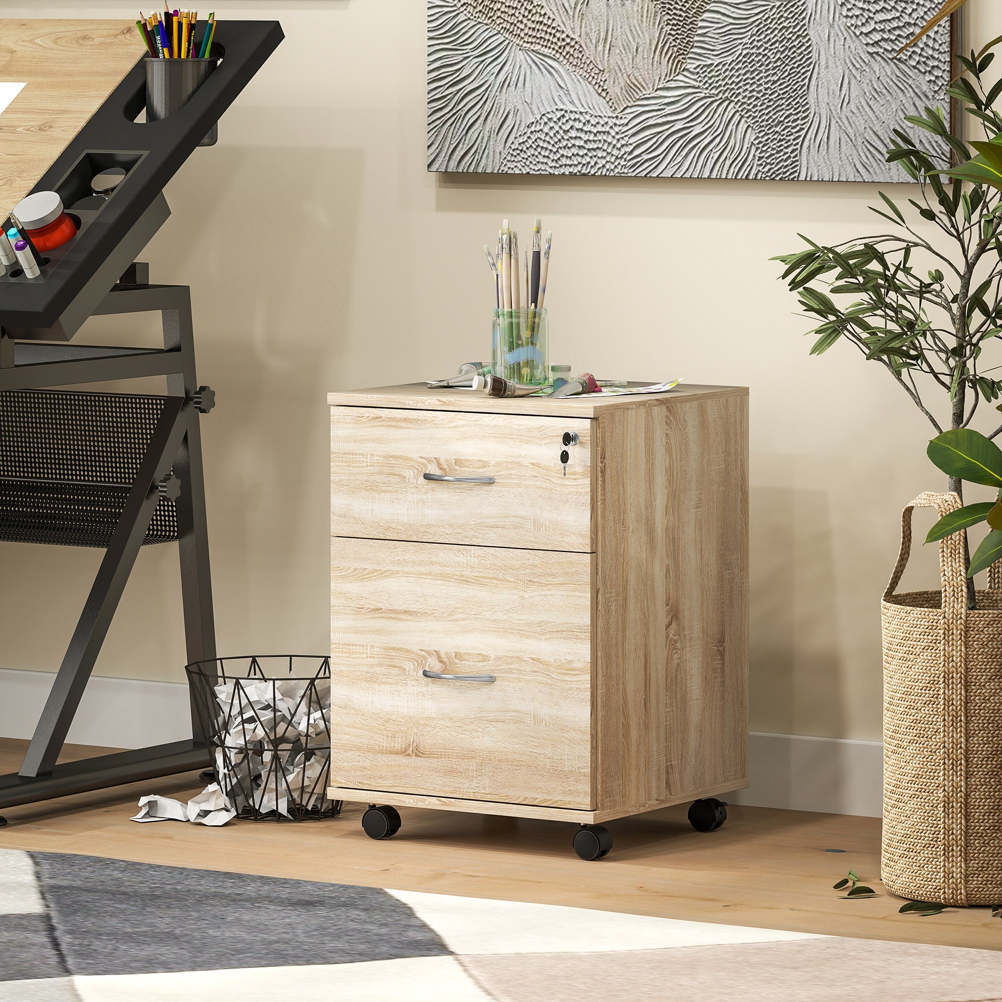 HOMCOM 2 Drawer Lockable Filing Cabinet with Wheels, Mobile Filing Cabinet for Home Office, Small Printer Stand, Oak Wood Grain