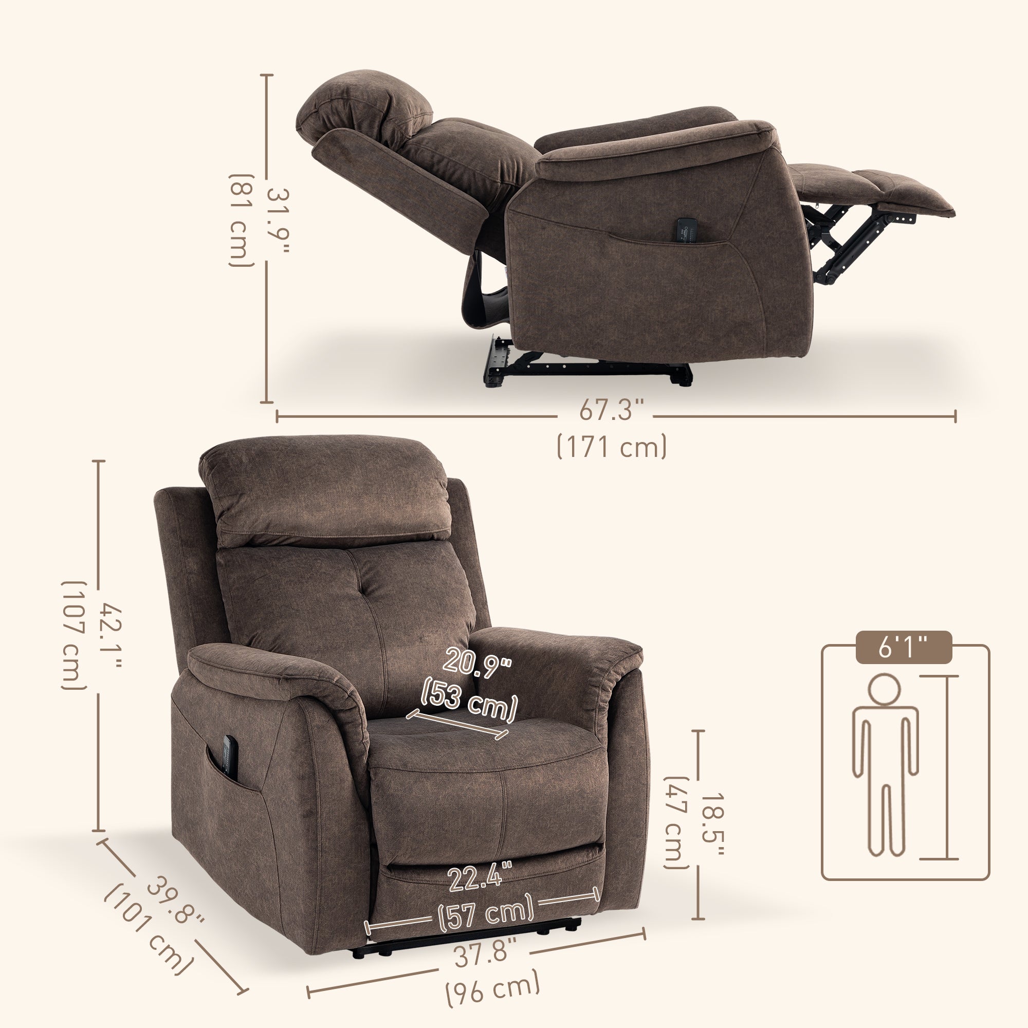 HOMCOM Massage Recliner Chair with 8-Point Vibration, Manual Fabric Reclining Chair for Living Room with Side Pockets, Remote Control, Retractable Footrest, Dark Brown