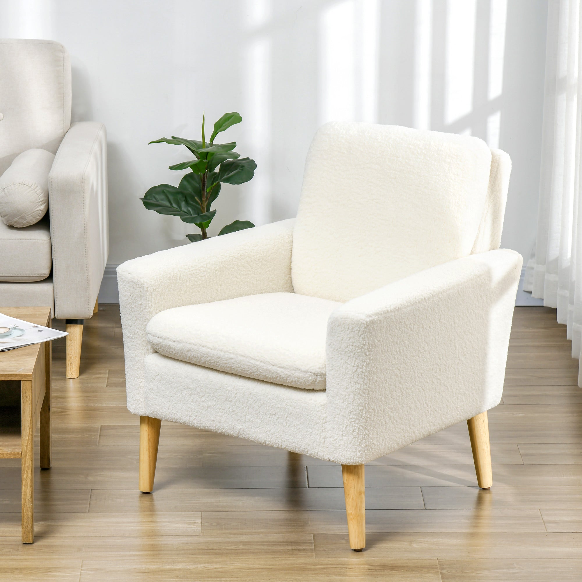 HOMCOM Armchair, Upholstered Accent Chair with Wood Legs and Wide Padded Seat, Teddy Occasional Chair, Cream White