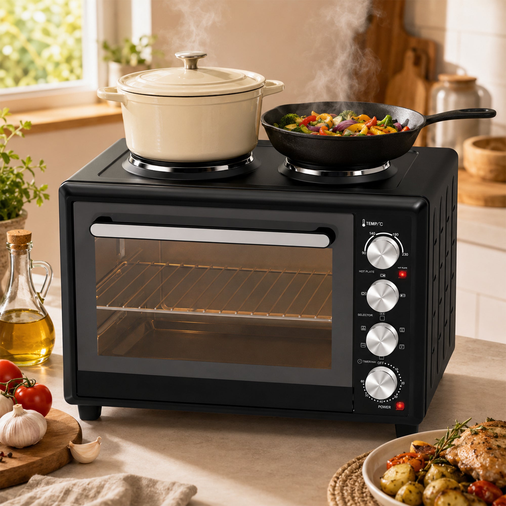 46L Mini Oven with Dual Hot Plates, Electric Countertop Cooker with Convection, 90–230°C Adjustable Temperature, 60 Minute Timer, Portable Oven with Wire Rack & Baking Tray, 1800W, Black