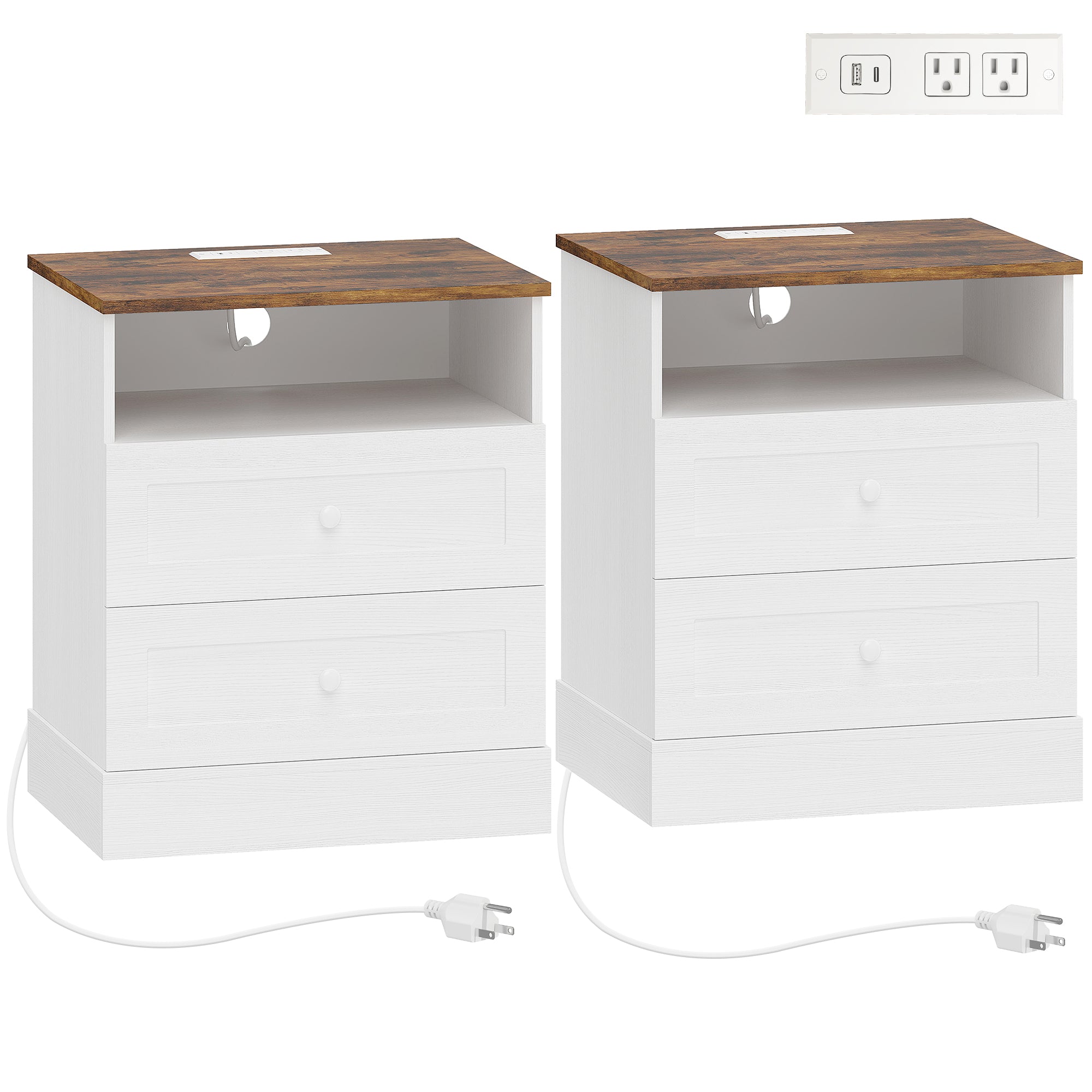 Modern Nightstands Set of 2, Bedside Table with Charging Station, 2 Drawers and Open Shelf, Side End Table for Bedroom, White and Oak