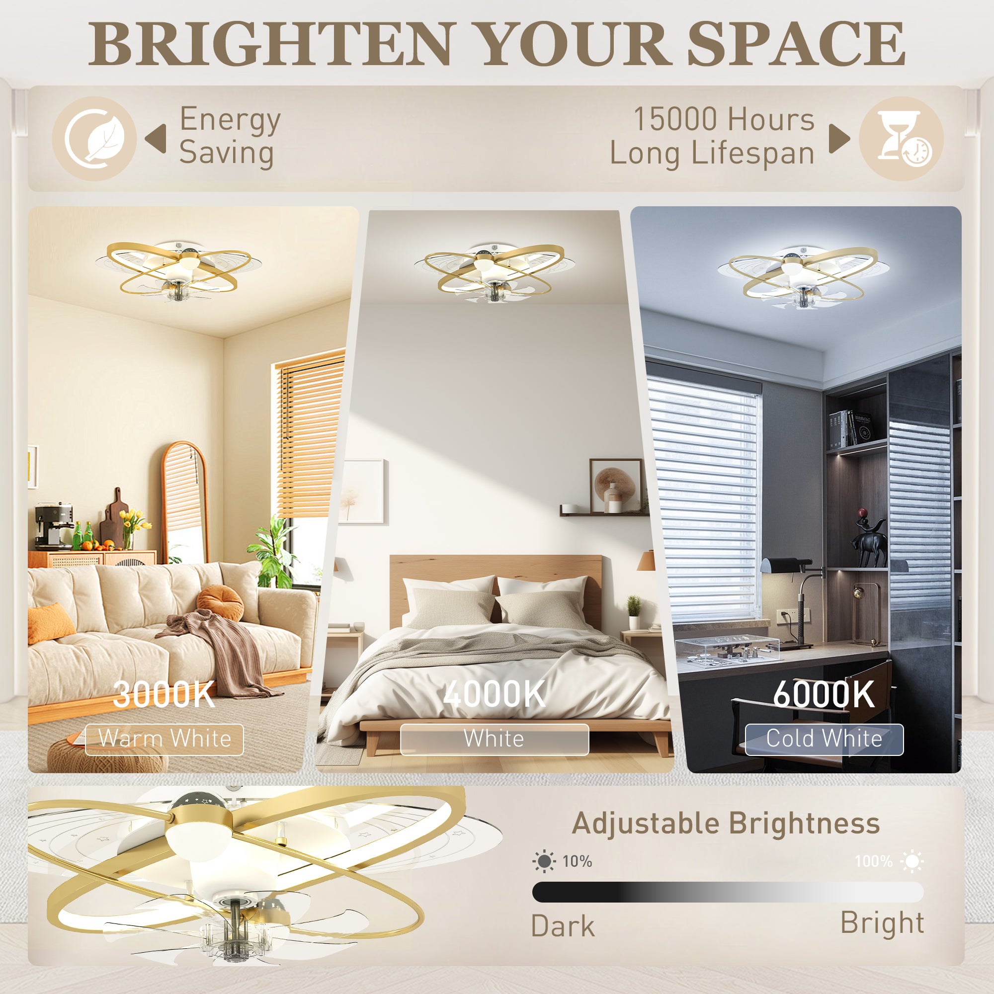 Ceiling Fans with Lights and Remote & App Control, 62 cm Modern LED Ceiling Fan Light with 3 Colour Temperatures, 6 Speed, Timer, Dimmable, Quiet Reversible DC Motor, for Bedroom, Gold Tone