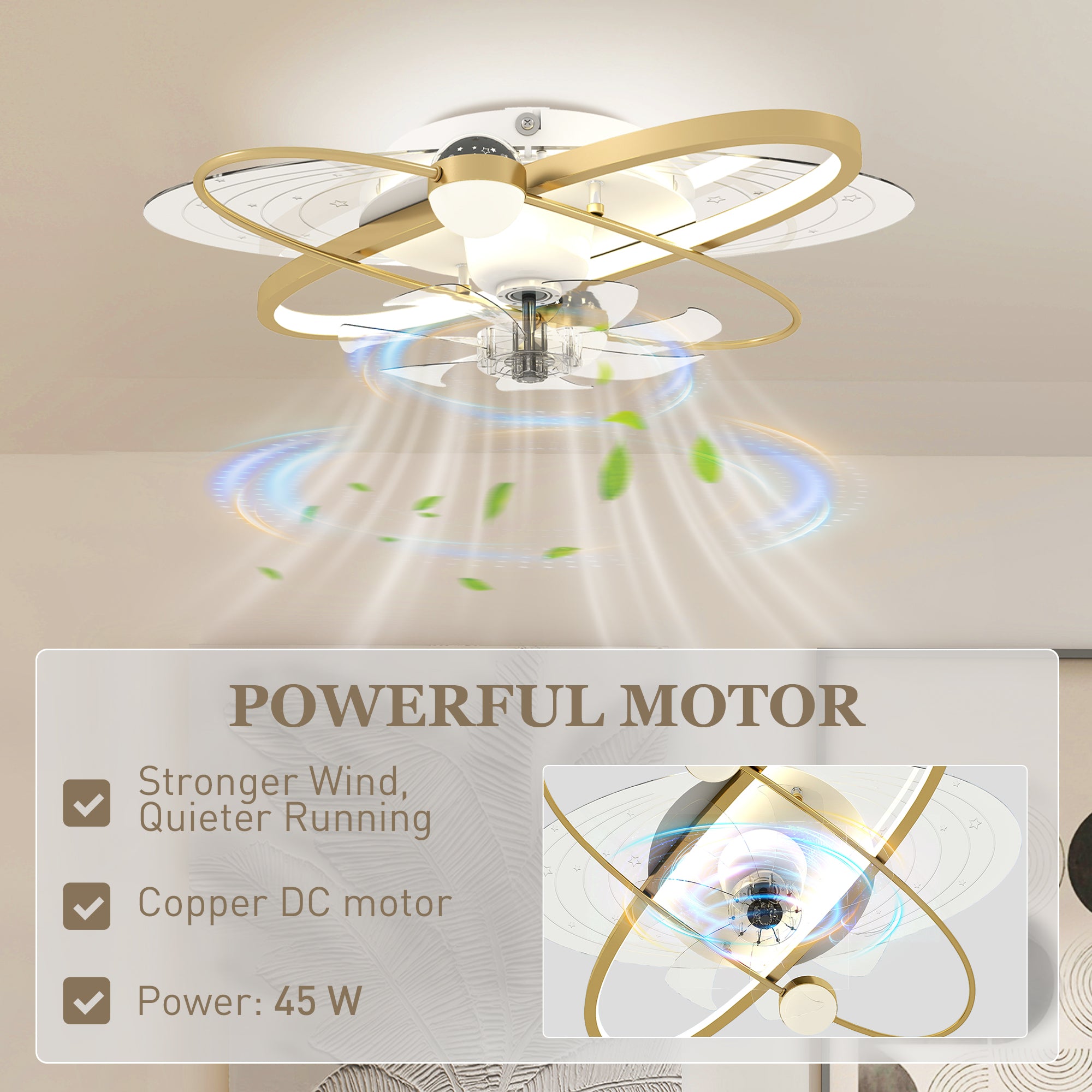 Ceiling Fans with Lights and Remote & App Control, 62 cm Modern LED Ceiling Fan Light with 3 Colour Temperatures, 6 Speed, Timer, Dimmable, Quiet Reversible DC Motor, for Bedroom, Gold Tone