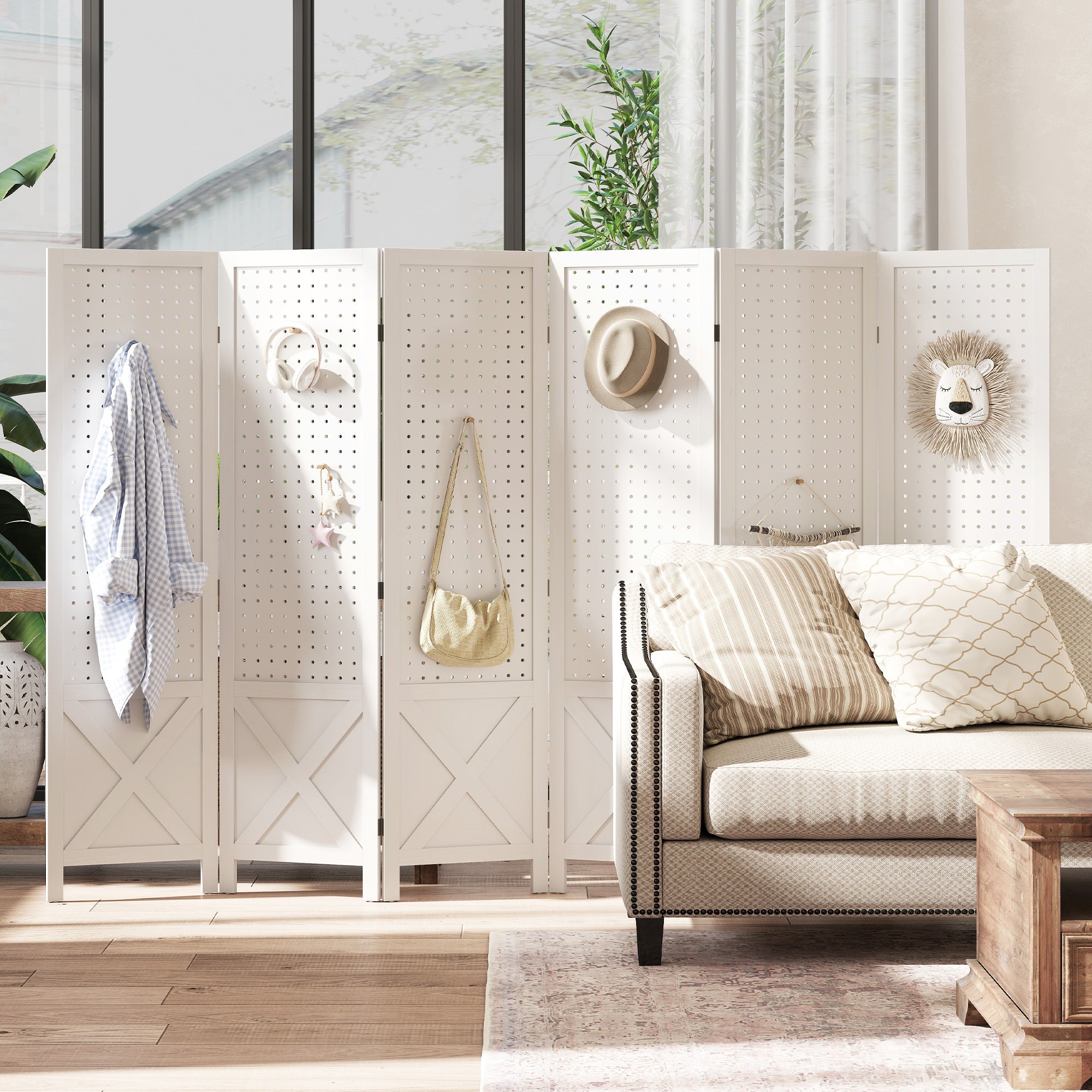 6 Panel Pegboard Display Room Divider, 56.9" Tall Wood Indoor Portable Folding Privacy Screen, Partition Wall Divider for Bedroom, White