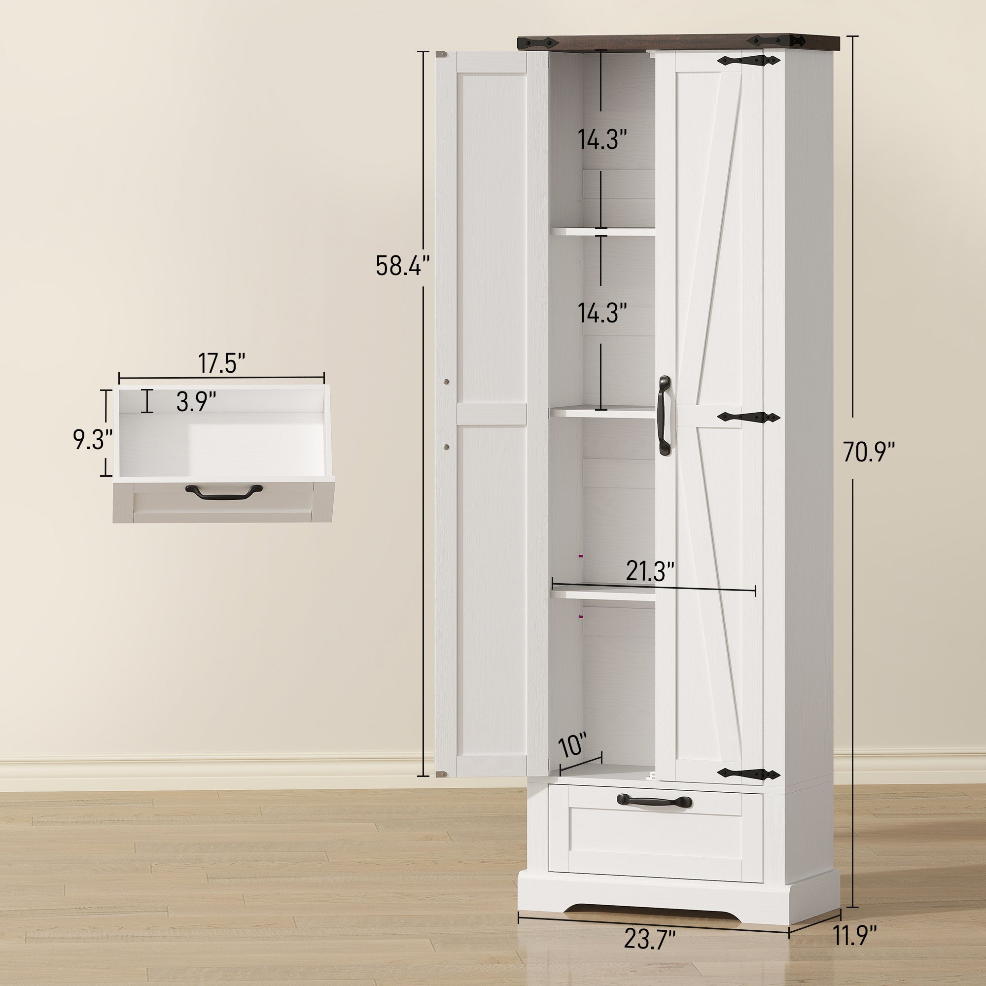 71" Tall Kitchen Pantry, Farmhouse Storage Cabinet with Barn Doors, Drawer and Adjustable Shelves, Freestanding Food Pantry Cabinet for Kitchen, Dining Room, White