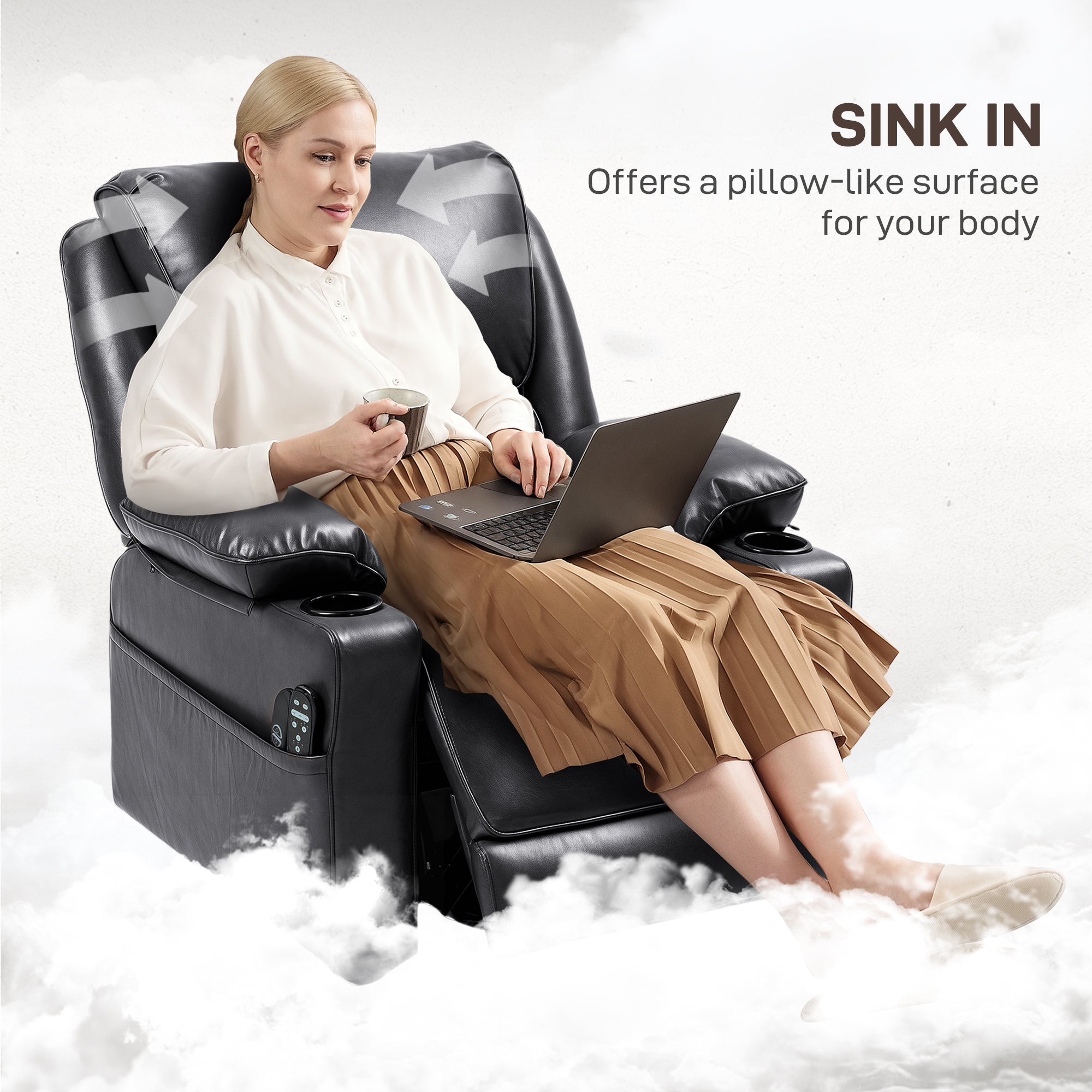 HOMCOM Power Lift Recliner Chair Sofa with Vibration Massage and Heat, Faux Leather Lift Chair for Elderly, Overstuffed Reclining Chair with Remote Control, USB Port and Side Pockets, Black