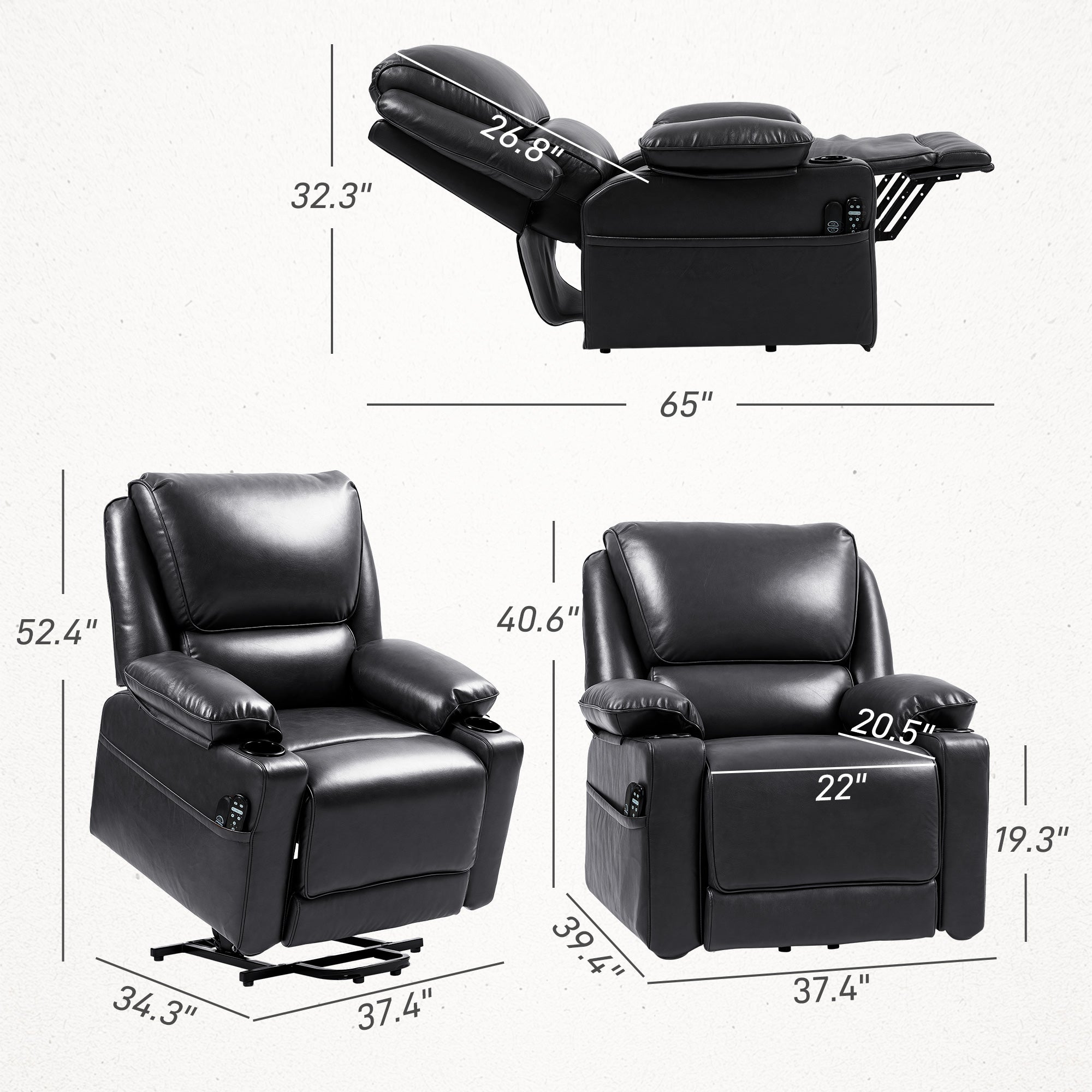 HOMCOM Power Lift Recliner Chair Sofa with Vibration Massage and Heat, Faux Leather Lift Chair for Elderly, Overstuffed Reclining Chair with Remote Control, USB Port and Side Pockets, Black