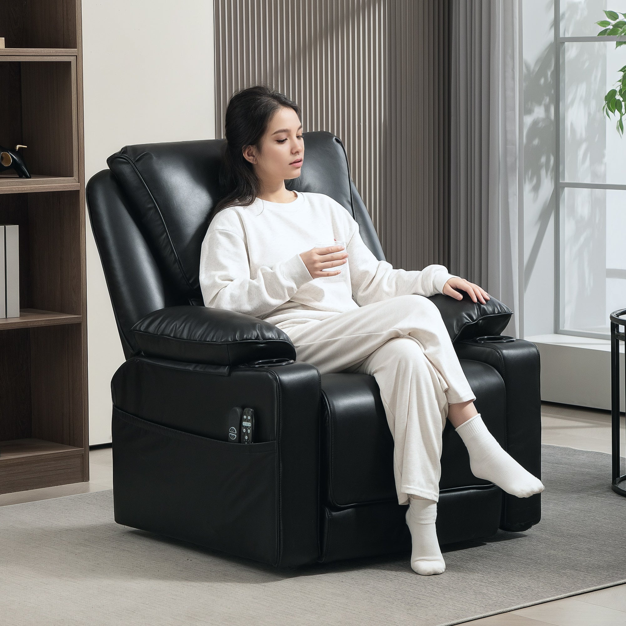 HOMCOM Power Lift Recliner Chair Sofa with Vibration Massage and Heat, Faux Leather Lift Chair for Elderly, Overstuffed Reclining Chair with Remote Control, USB Port and Side Pockets, Black