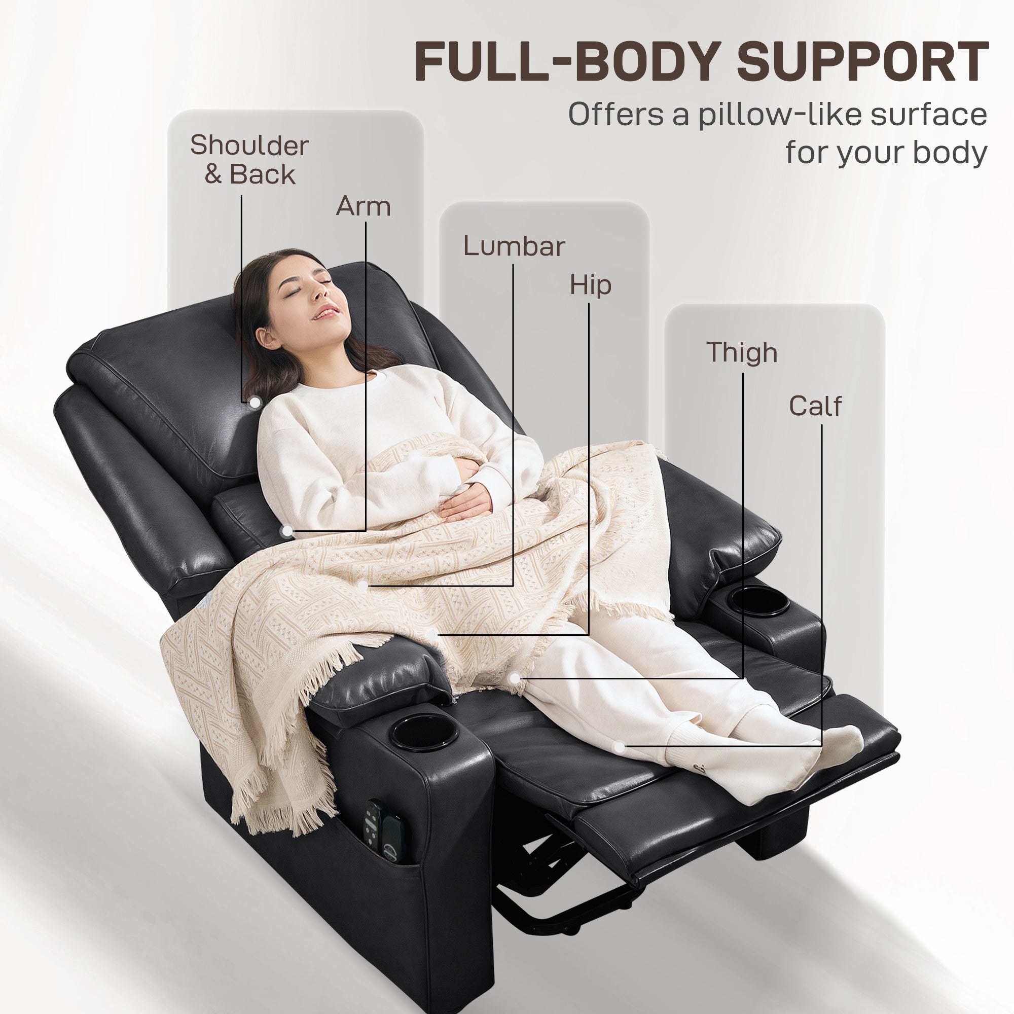 HOMCOM Power Lift Recliner Chair Sofa with Vibration Massage and Heat, Faux Leather Lift Chair for Elderly, Overstuffed Reclining Chair with Remote Control, USB Port and Side Pockets, Black