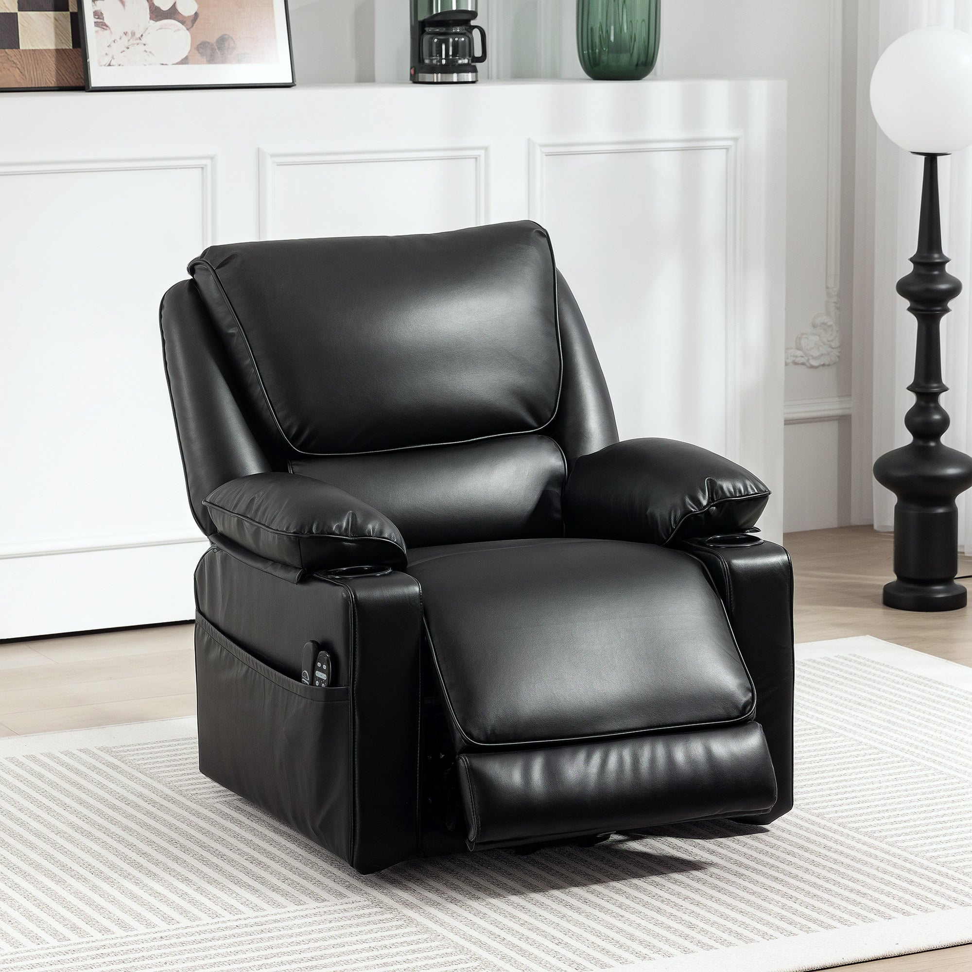 HOMCOM Power Lift Recliner Chair Sofa with Vibration Massage and Heat, Faux Leather Lift Chair for Elderly, Overstuffed Reclining Chair with Remote Control, USB Port and Side Pockets, Black