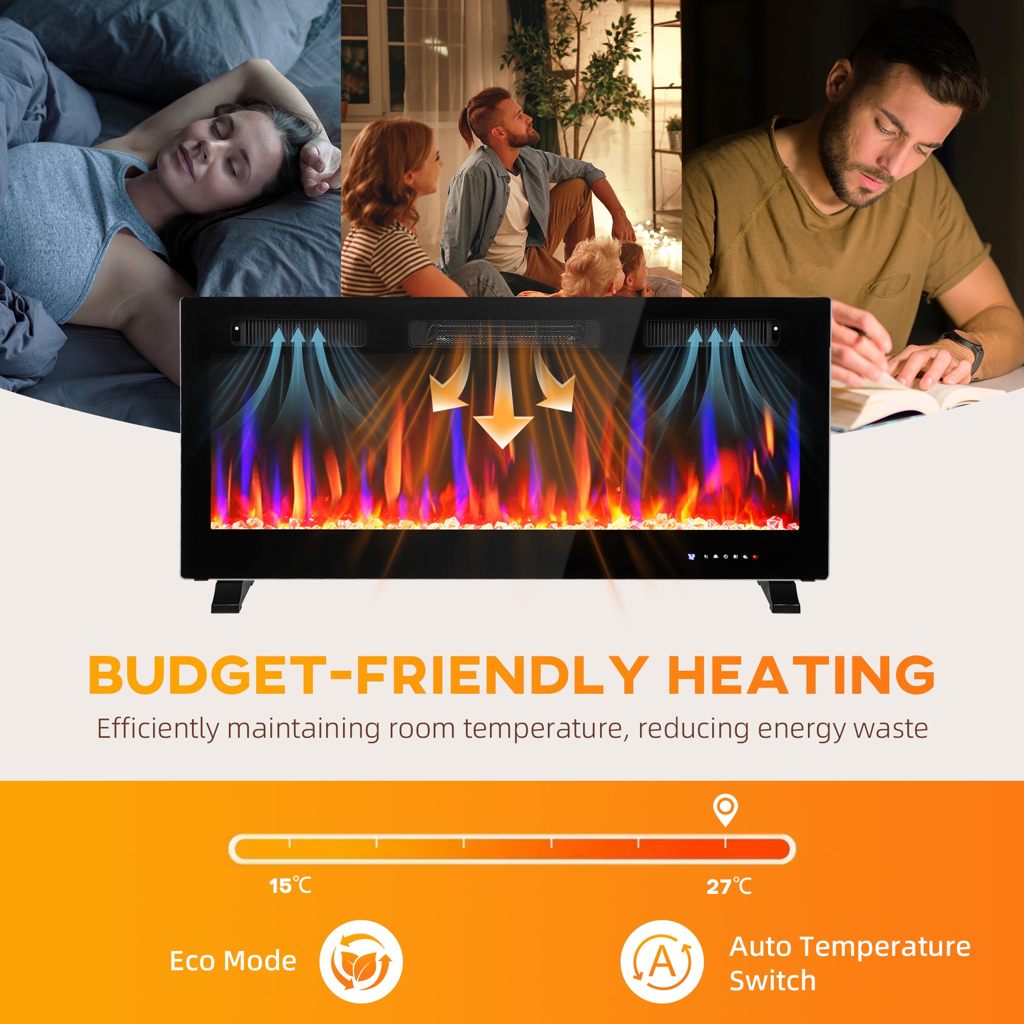 42" Thin Electric Fireplace, Freestanding, Recessed, Wall Mounted Fireplace Heater with Adjustable Flame and Thermostat, Eco Mode, Auto Switch, 12H Timer, Remote, 750/1500W