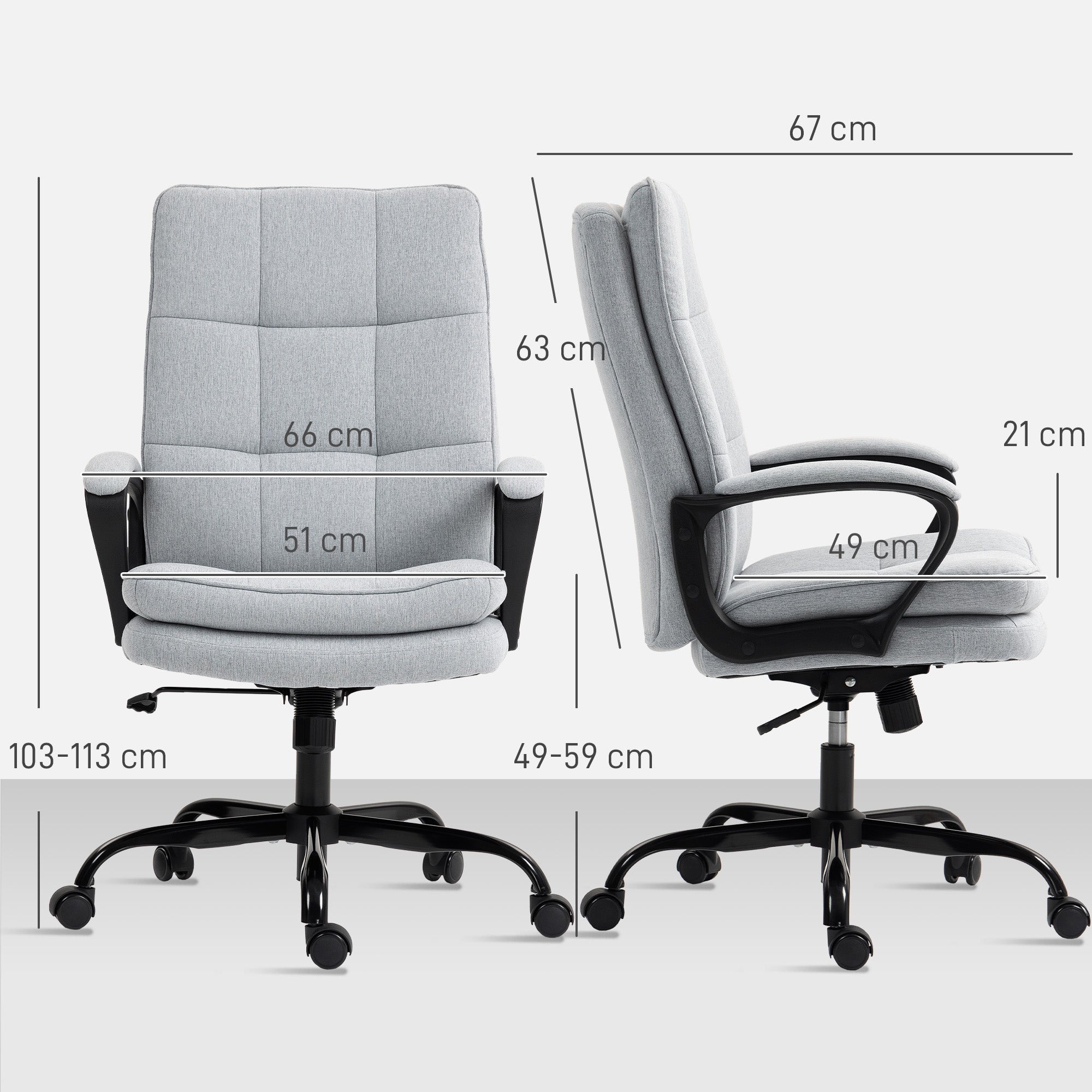 Executive Office Chair, Fabric Computer Desk Chair with Dual-Layer Padding, High Back, Silent Swivel Wheels, Armrest, Height Adjustable, Tilt Function for Home, Light Grey
