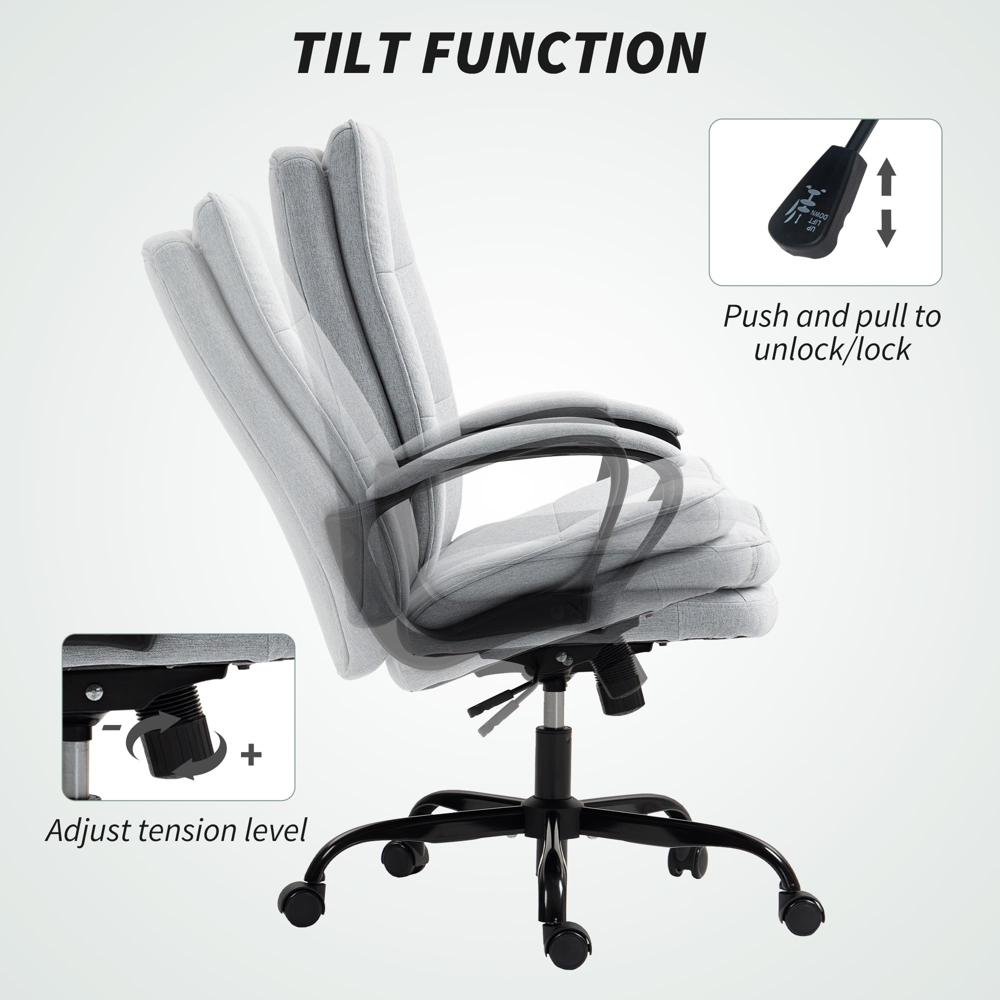 Executive Office Chair, Fabric Computer Desk Chair with Dual-Layer Padding, High Back, Silent Swivel Wheels, Armrest, Height Adjustable, Tilt Function for Home, Light Grey