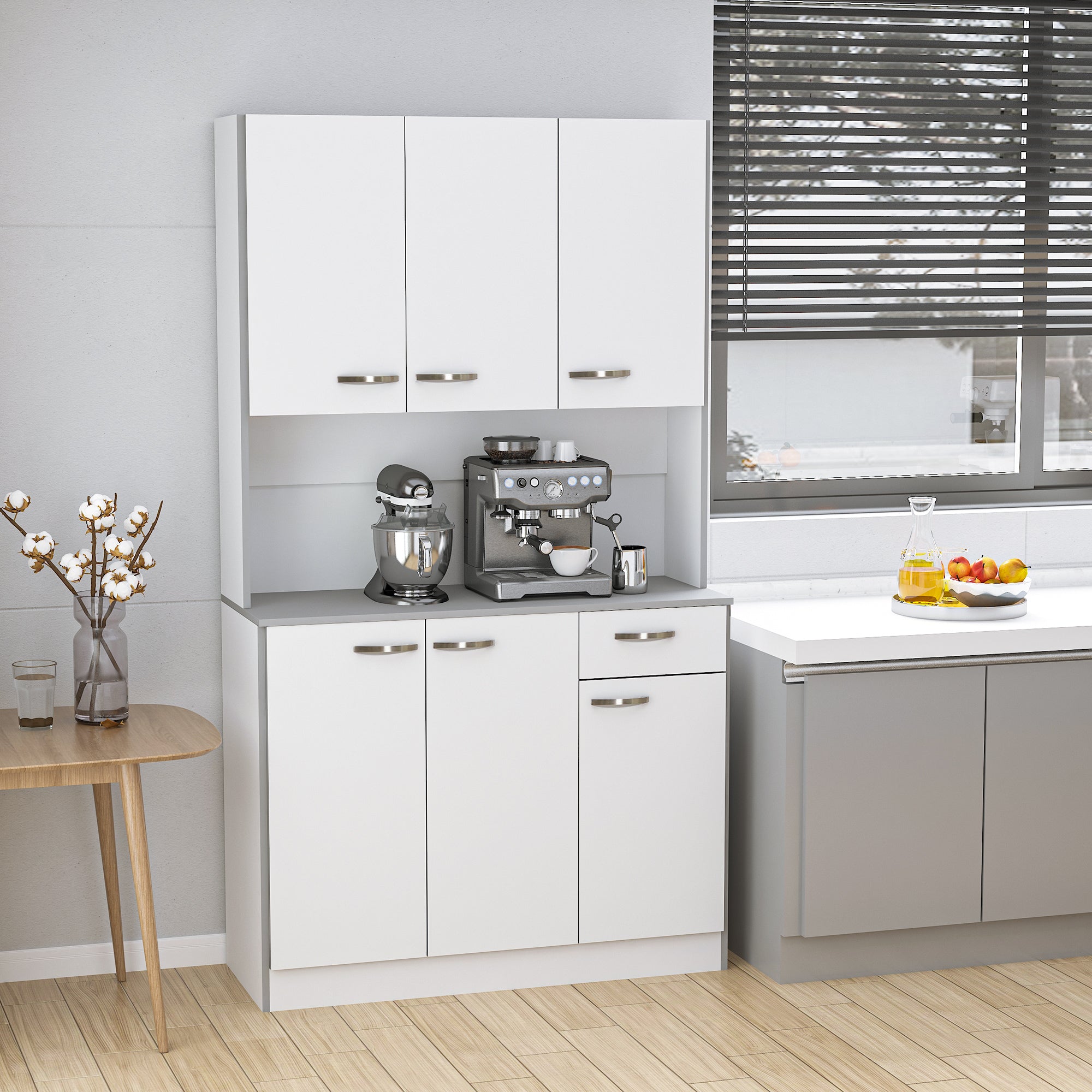 HOMCOM Kitchen Cupboard, Freestanding Kitchen Storage Cabinet with 6 Doors, Drawer, Adjustable Shelves and Open Countertop for Dining Room, White