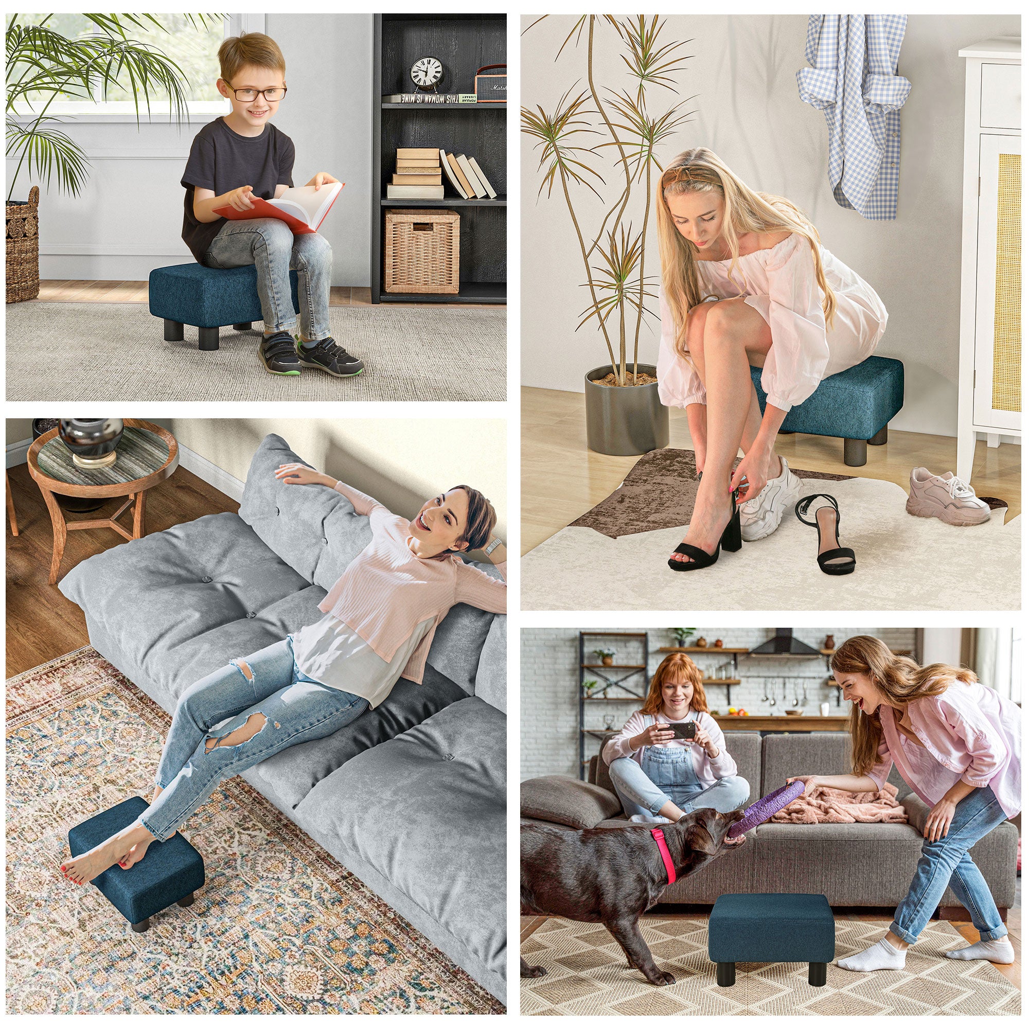 Small Ottoman Foot Rest with Linen Fabric Upholstery & Plastic Legs, Cube, Blue