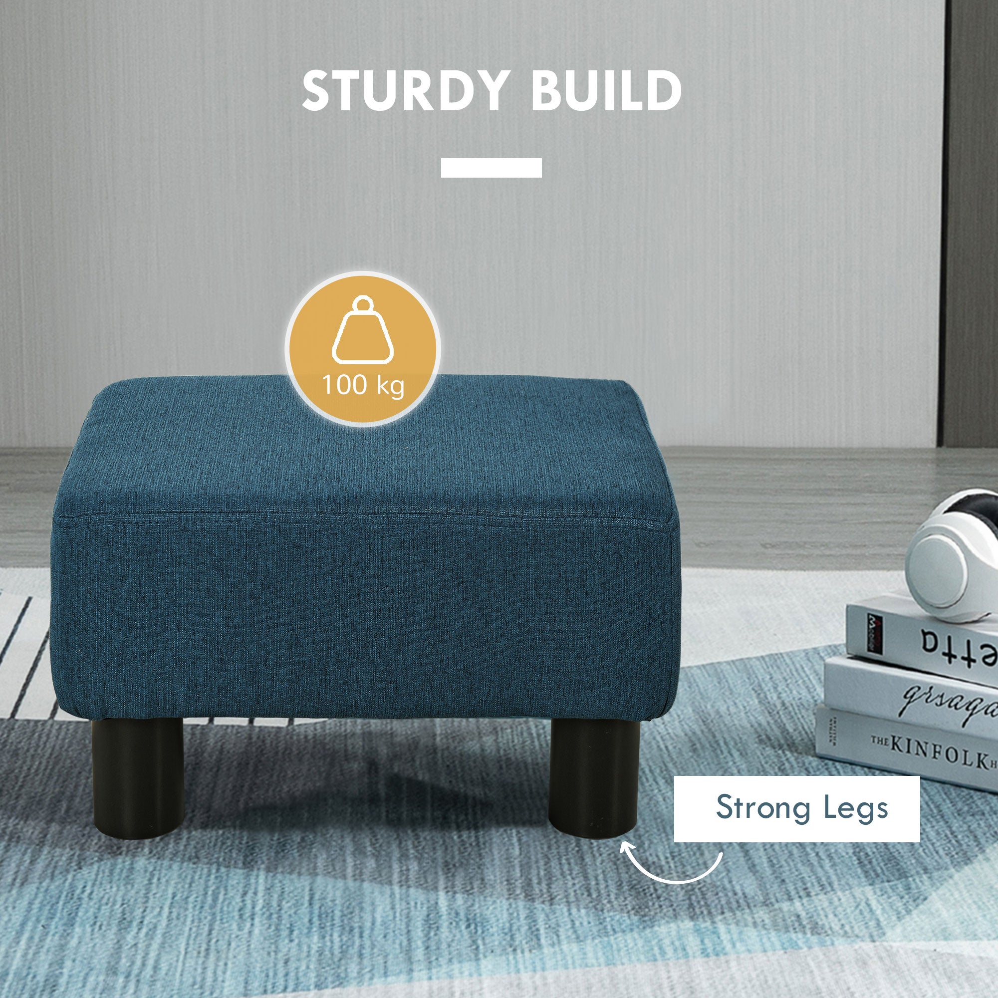 Small Ottoman Foot Rest with Linen Fabric Upholstery & Plastic Legs, Cube, Blue